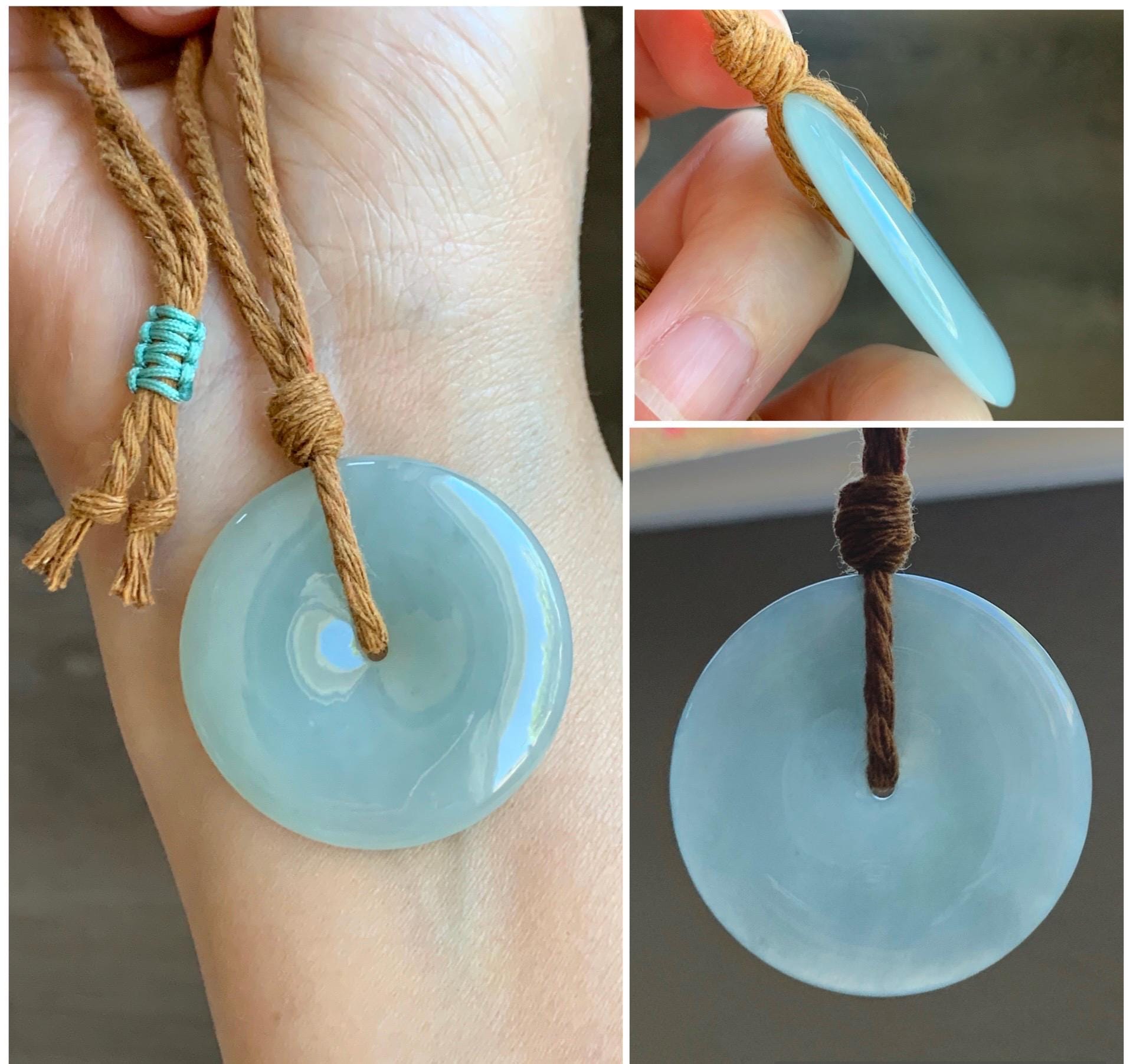 Certified Natural Grade A Icy Translucent Gelatinous Dusty Green Jade Jadeite Ping An Kou Donut Pendant Rope Necklace 天然冰浅绿色翡翠平安扣吊坠项链 9423