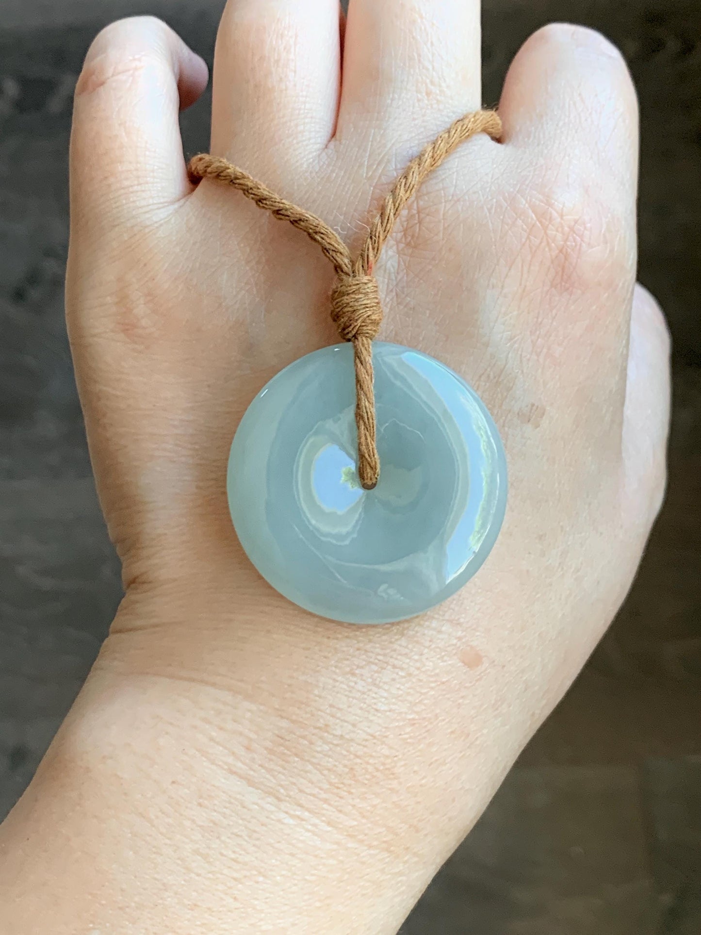Certified Natural Grade A Icy Translucent Gelatinous Dusty Green Jade Jadeite Ping An Kou Donut Pendant Rope Necklace 天然冰浅绿色翡翠平安扣吊坠项链 9423