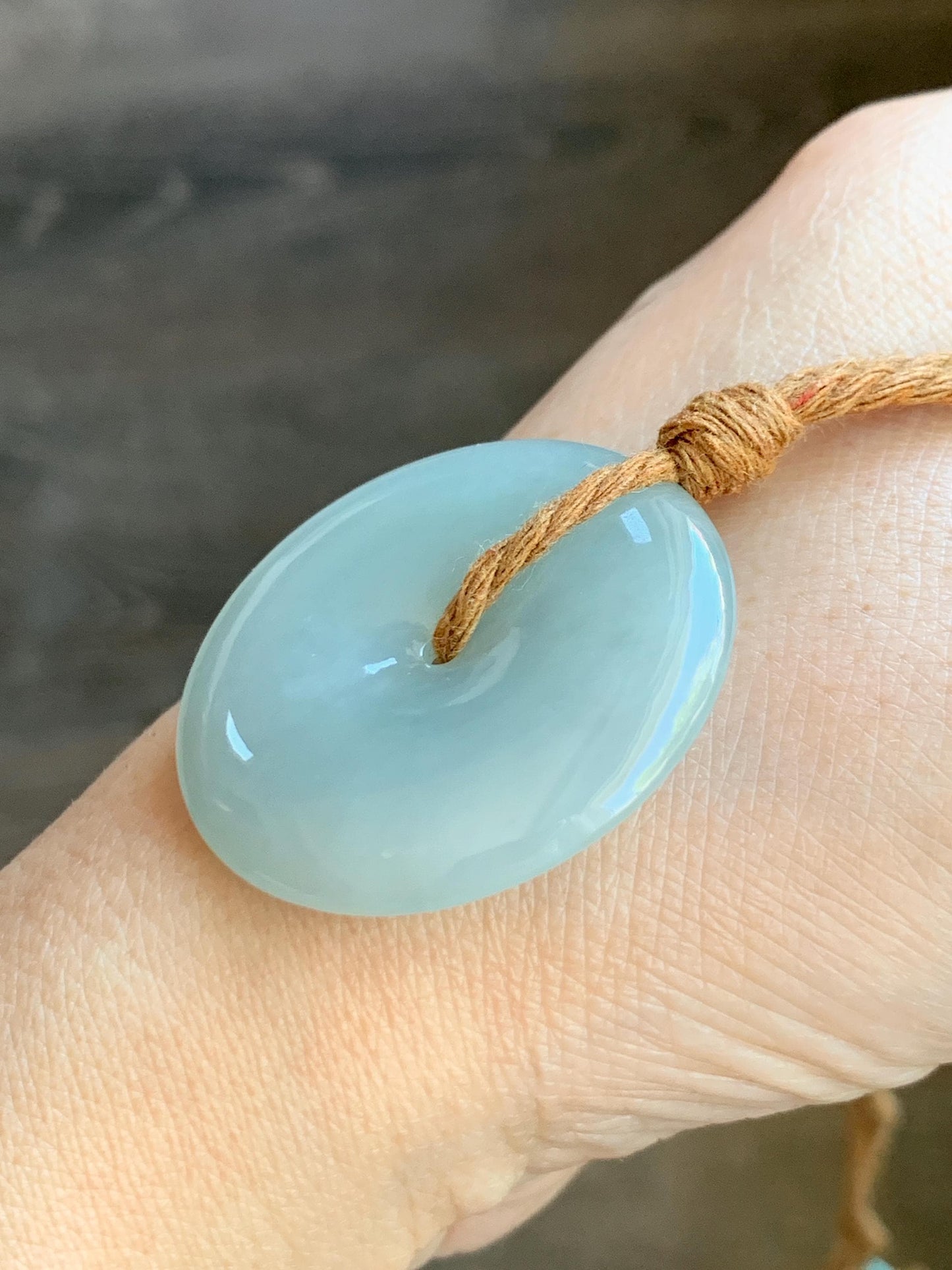 Certified Natural Grade A Icy Translucent Gelatinous Dusty Green Jade Jadeite Ping An Kou Donut Pendant Rope Necklace 天然冰浅绿色翡翠平安扣吊坠项链 9423