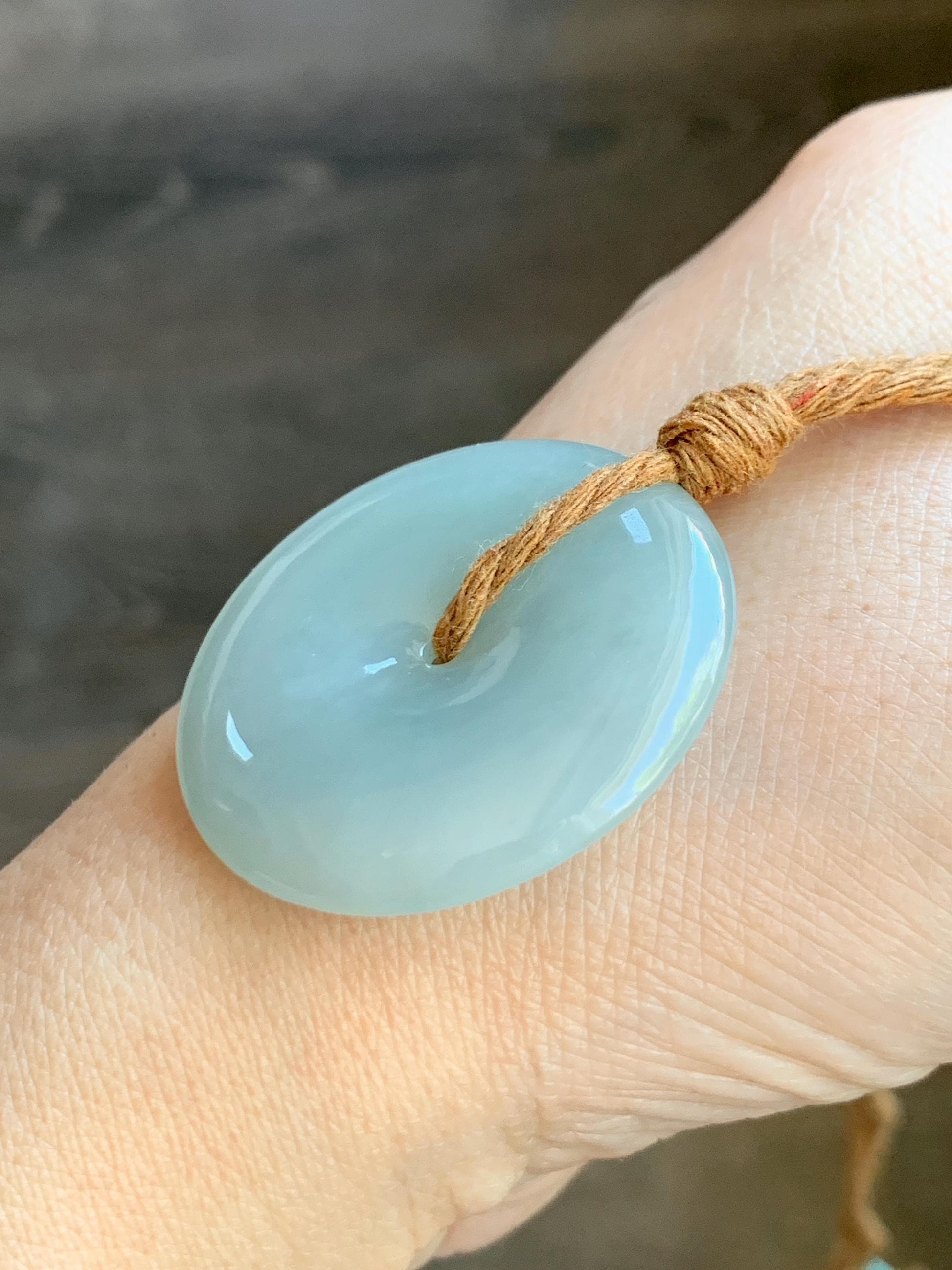 Certified Natural Grade A Icy Translucent Gelatinous Dusty Green Jade Jadeite Ping An Kou Donut Pendant Rope Necklace 天然冰浅绿色翡翠平安扣吊坠项链 9423
