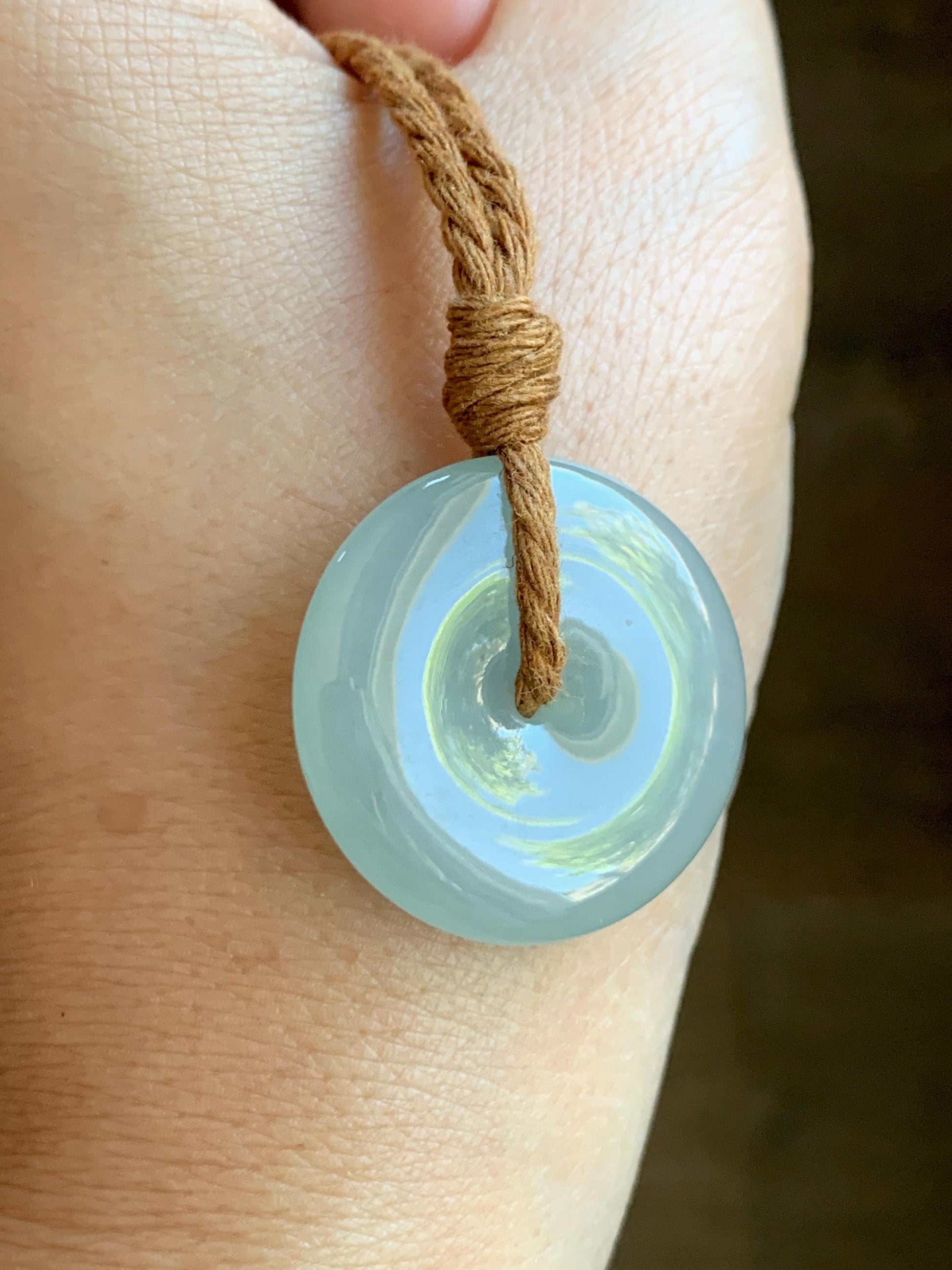 Certified Natural Grade A Icy Translucent Gelatinous Dusty Green Jade Jadeite Ping An Kou Donut Pendant Rope Necklace 天然冰浅绿色翡翠平安扣吊坠项链 9424