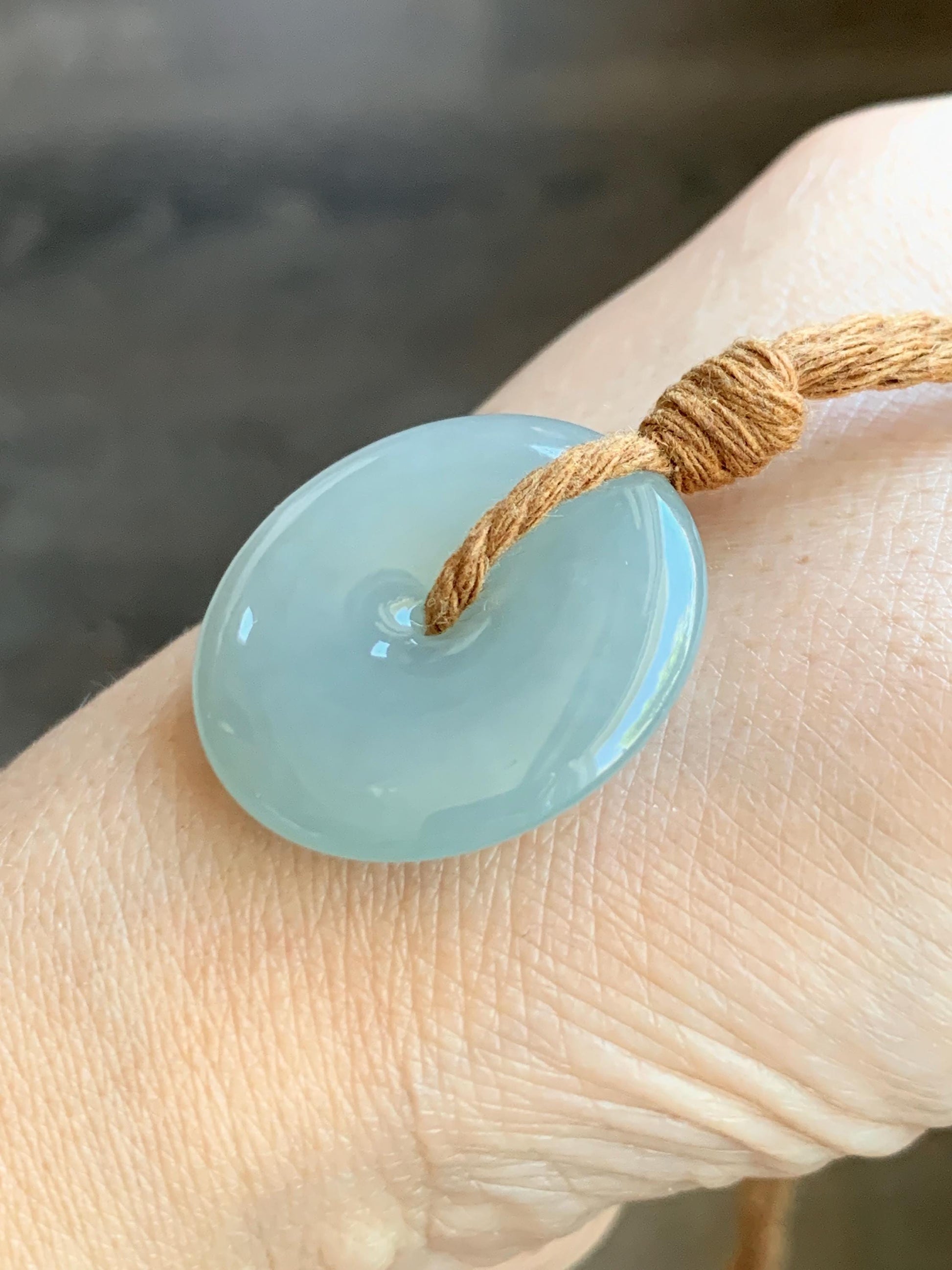 Certified Natural Grade A Icy Translucent Gelatinous Dusty Green Jade Jadeite Ping An Kou Donut Pendant Rope Necklace 天然冰浅绿色翡翠平安扣吊坠项链 9424