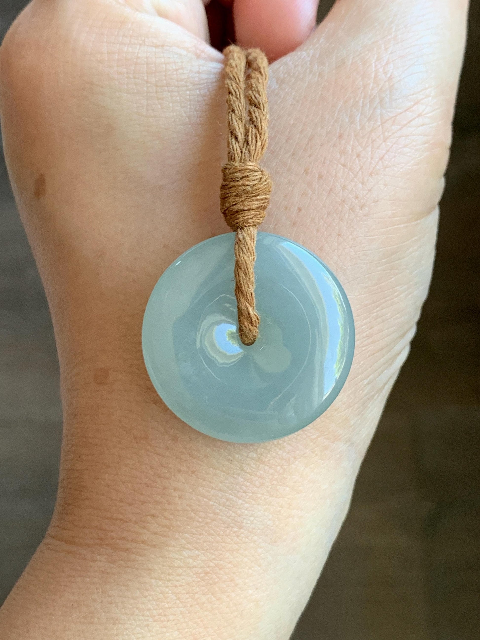 Certified Natural Grade A Icy Translucent Gelatinous Dusty Green Jade Jadeite Ping An Kou Donut Pendant Rope Necklace 天然冰浅绿色翡翠平安扣吊坠项链 9424