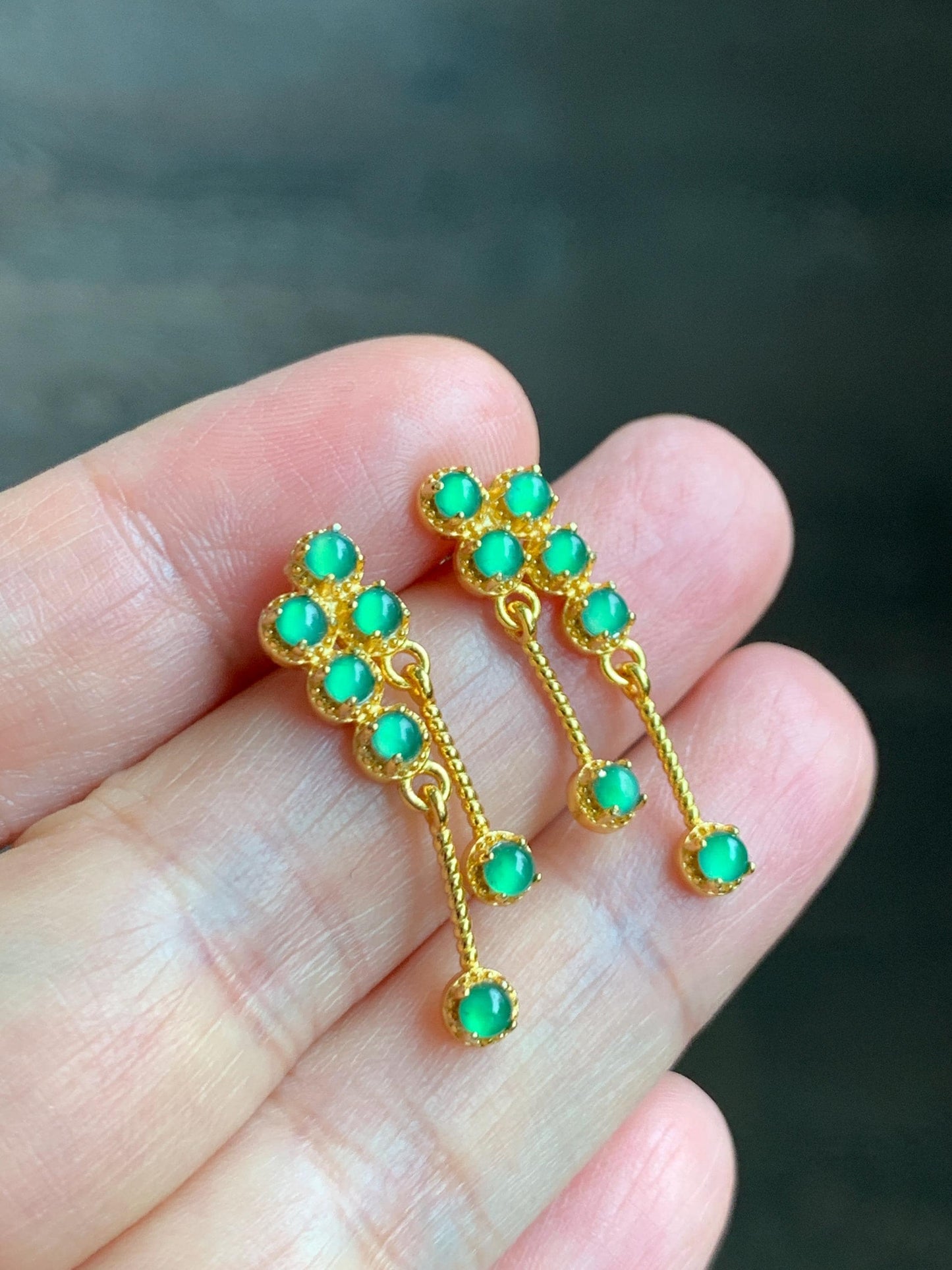 Icy Vibrant Green Jadeite Sterling Silver Stud Earrings - Natural Guatemalan Grade A Icy Translucent Yellow Gold Overlay 天然冰危绿翡翠耳钉 WLSS100