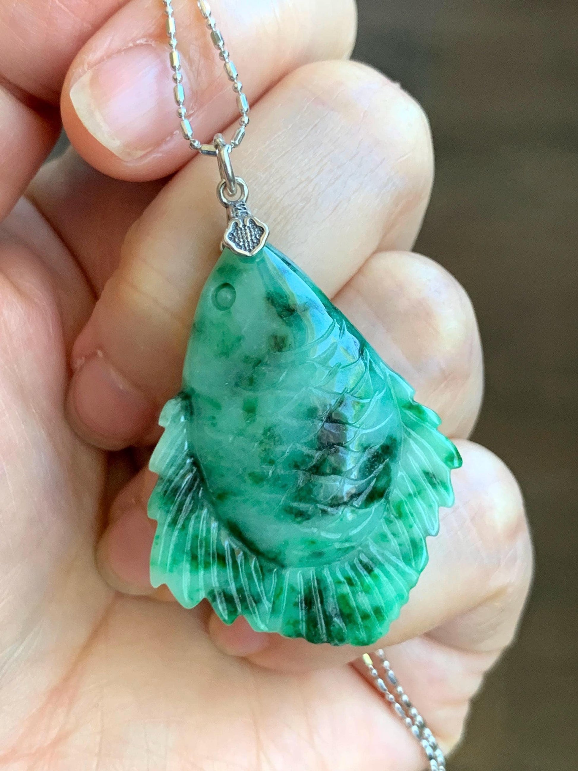 Natural Grade A Icy Translucent Jadeite Fish Pendant: Sterling Silver Bail, Apple Green Dark Green Marbled Jade 天然果绿飘花翡翠鱼吊坠 MLW220B