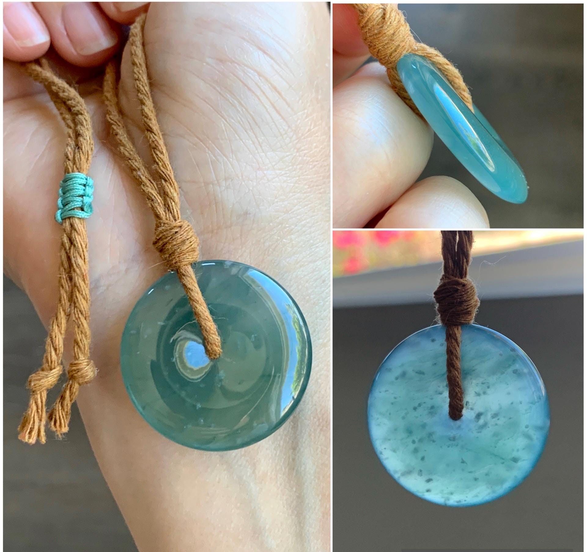 Certified Natural Grade A Guatemalan Icy Translucent Teal Green Jade Jadeite Ping An Kou Donut Pendant Rope Necklace 26” 天然冰胶危蓝绿翡翠平安扣吊坠 8736