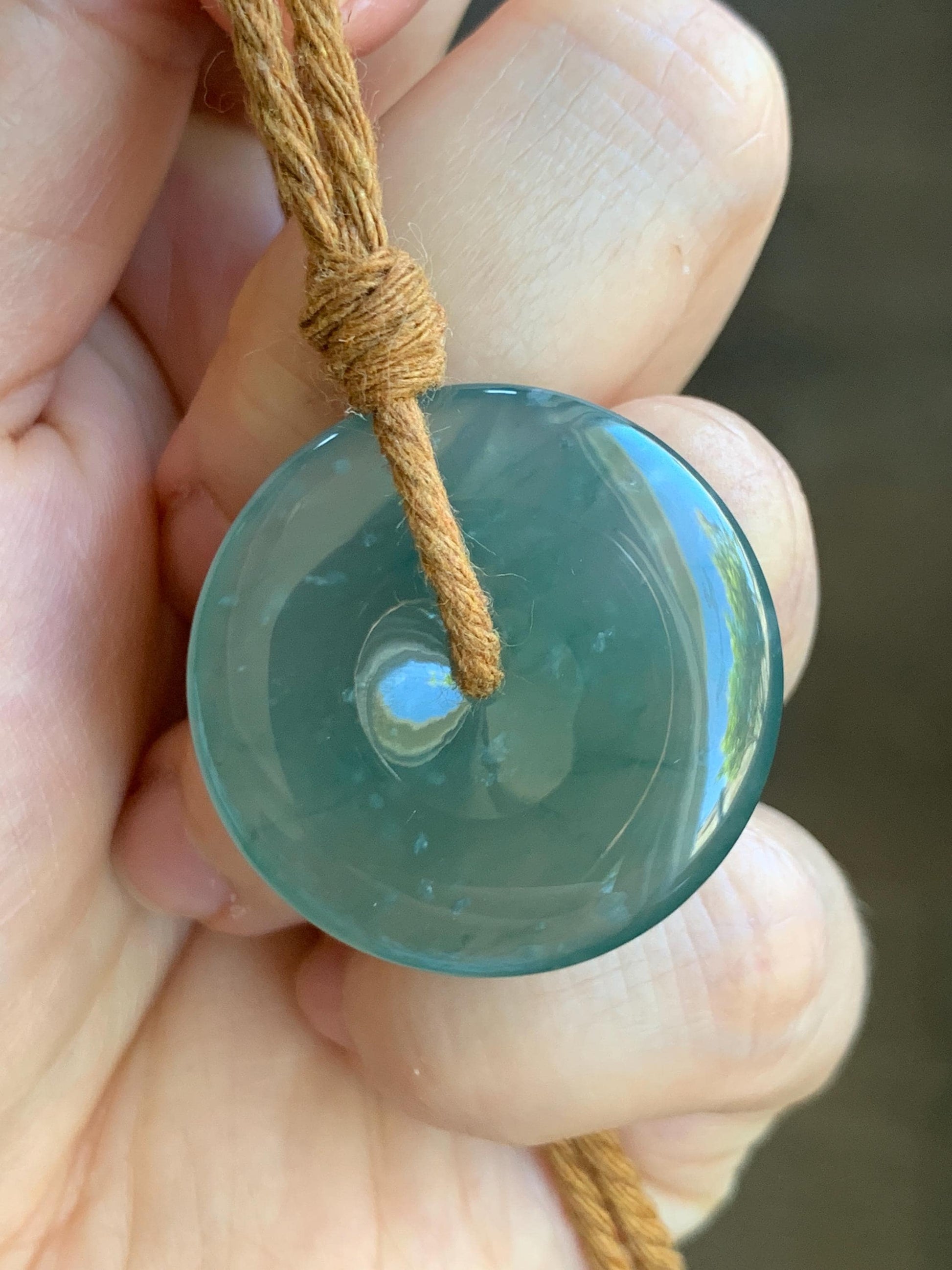Certified Natural Grade A Guatemalan Icy Translucent Teal Green Jade Jadeite Ping An Kou Donut Pendant Rope Necklace 26” 天然冰胶危蓝绿翡翠平安扣吊坠 8736
