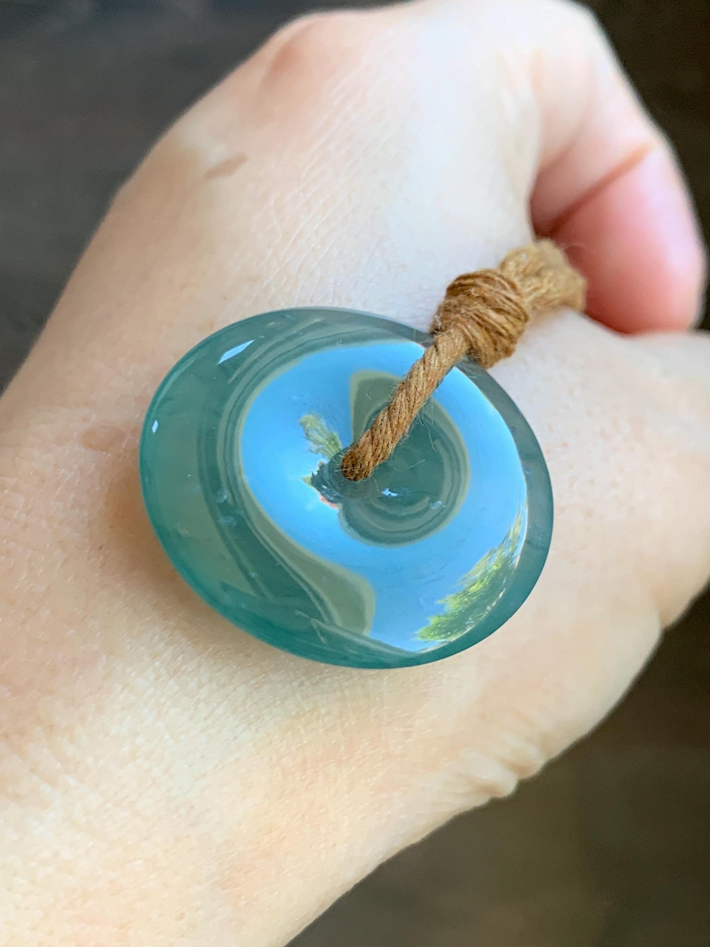 Certified Natural Grade A Guatemalan Icy Translucent Teal Green Jade Jadeite Ping An Kou Donut Pendant Rope Necklace 26” 天然冰胶危蓝绿翡翠平安扣吊坠 8736