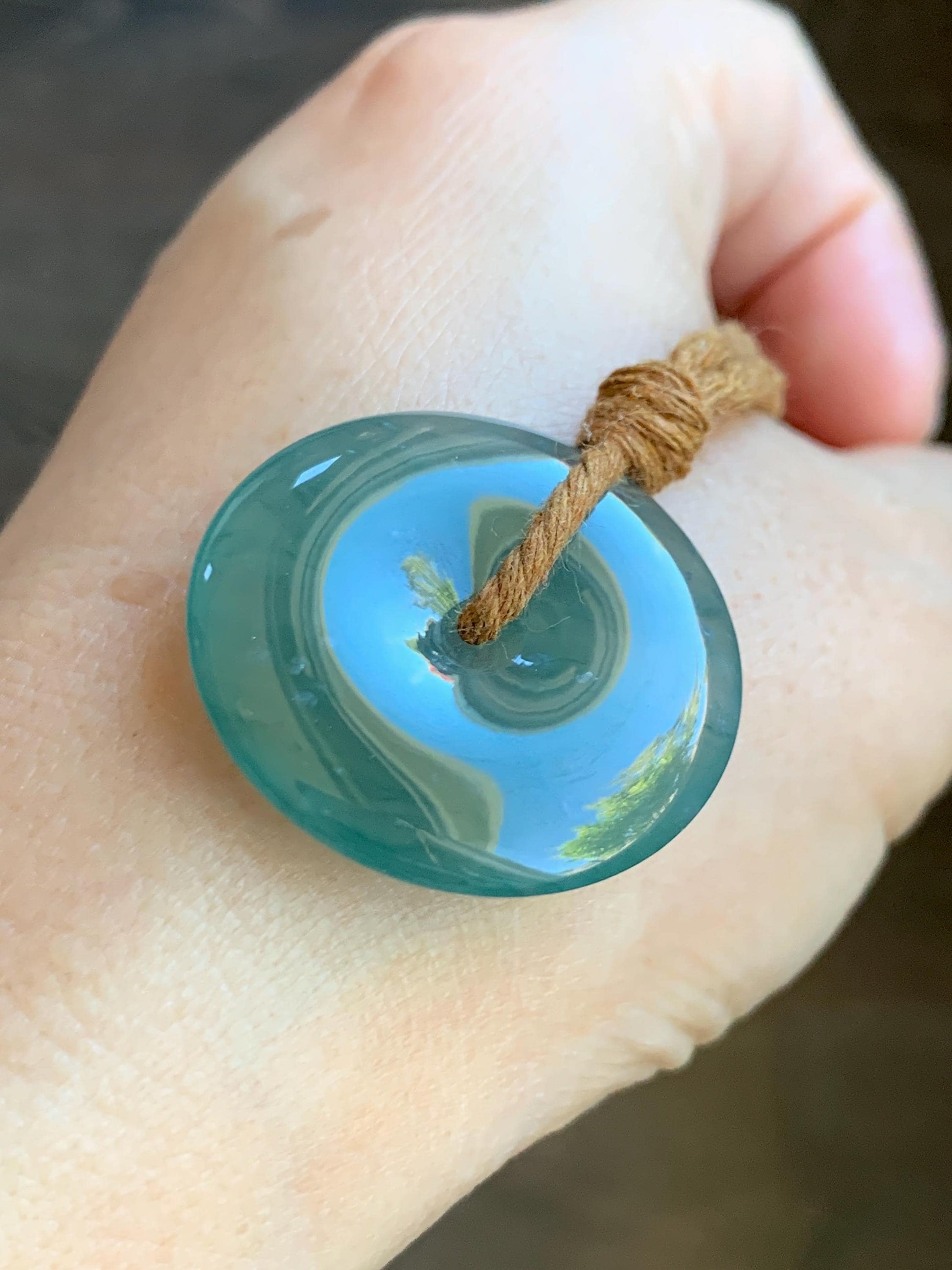 Certified Natural Grade A Guatemalan Icy Translucent Teal Green Jade Jadeite Ping An Kou Donut Pendant Rope Necklace 26” 天然冰胶危蓝绿翡翠平安扣吊坠 8736