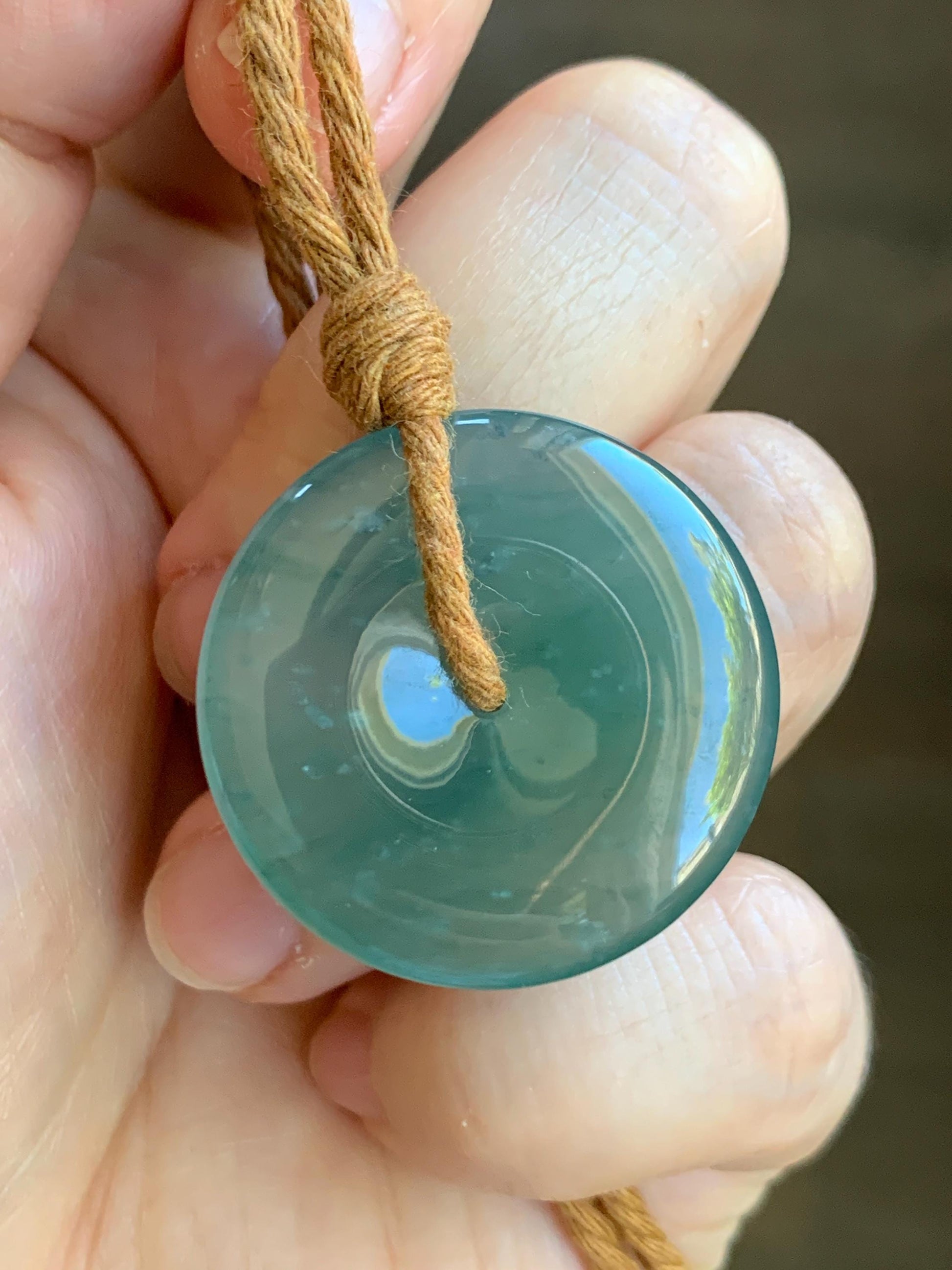 Certified Natural Grade A Guatemalan Icy Translucent Teal Green Jade Jadeite Ping An Kou Donut Pendant Rope Necklace 26” 天然冰胶危蓝绿翡翠平安扣吊坠 8736