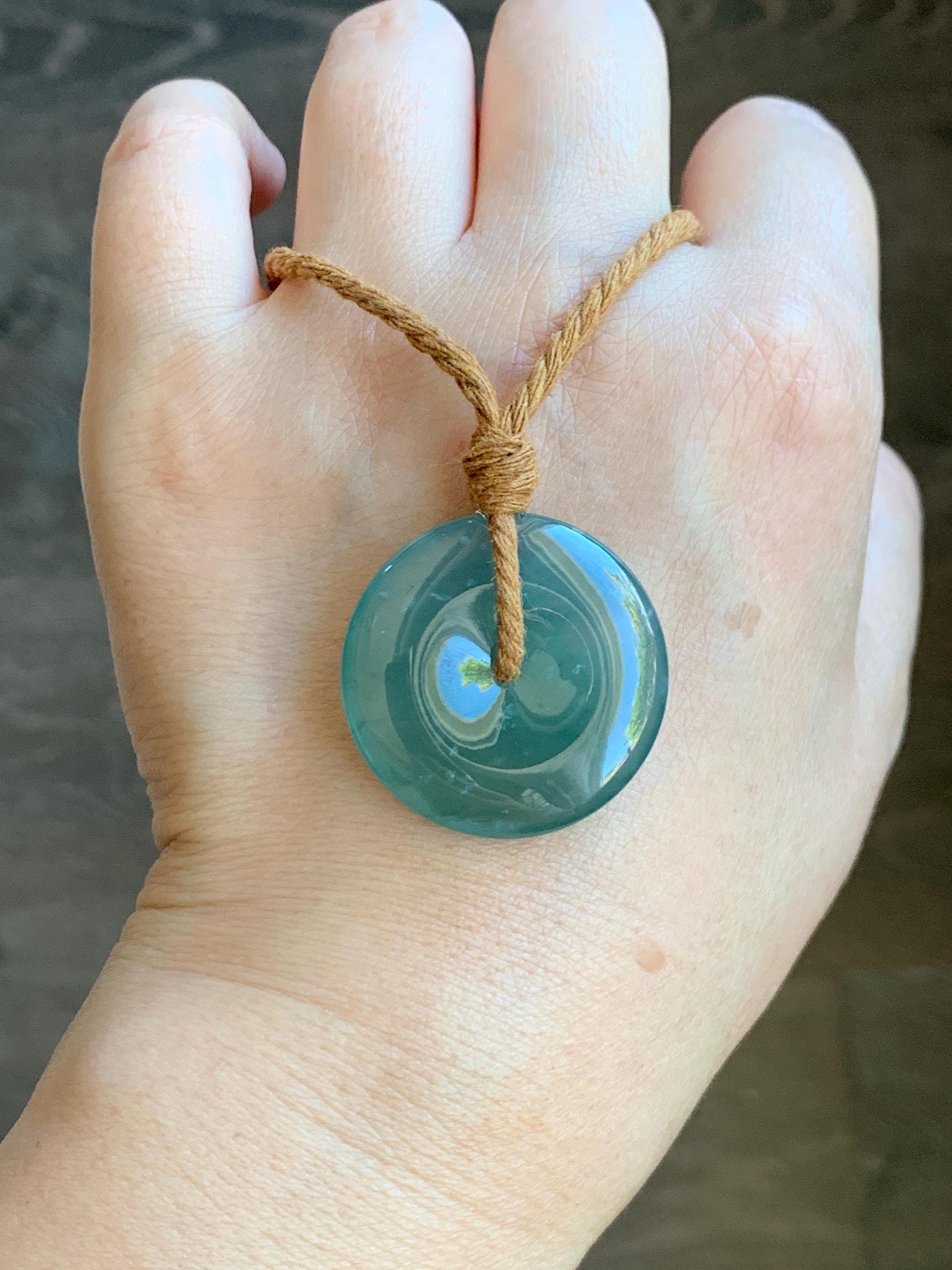 Certified Natural Grade A Guatemalan Icy Translucent Teal Green Jade Jadeite Ping An Kou Donut Pendant Rope Necklace 26” 天然冰胶危蓝绿翡翠平安扣吊坠 8736