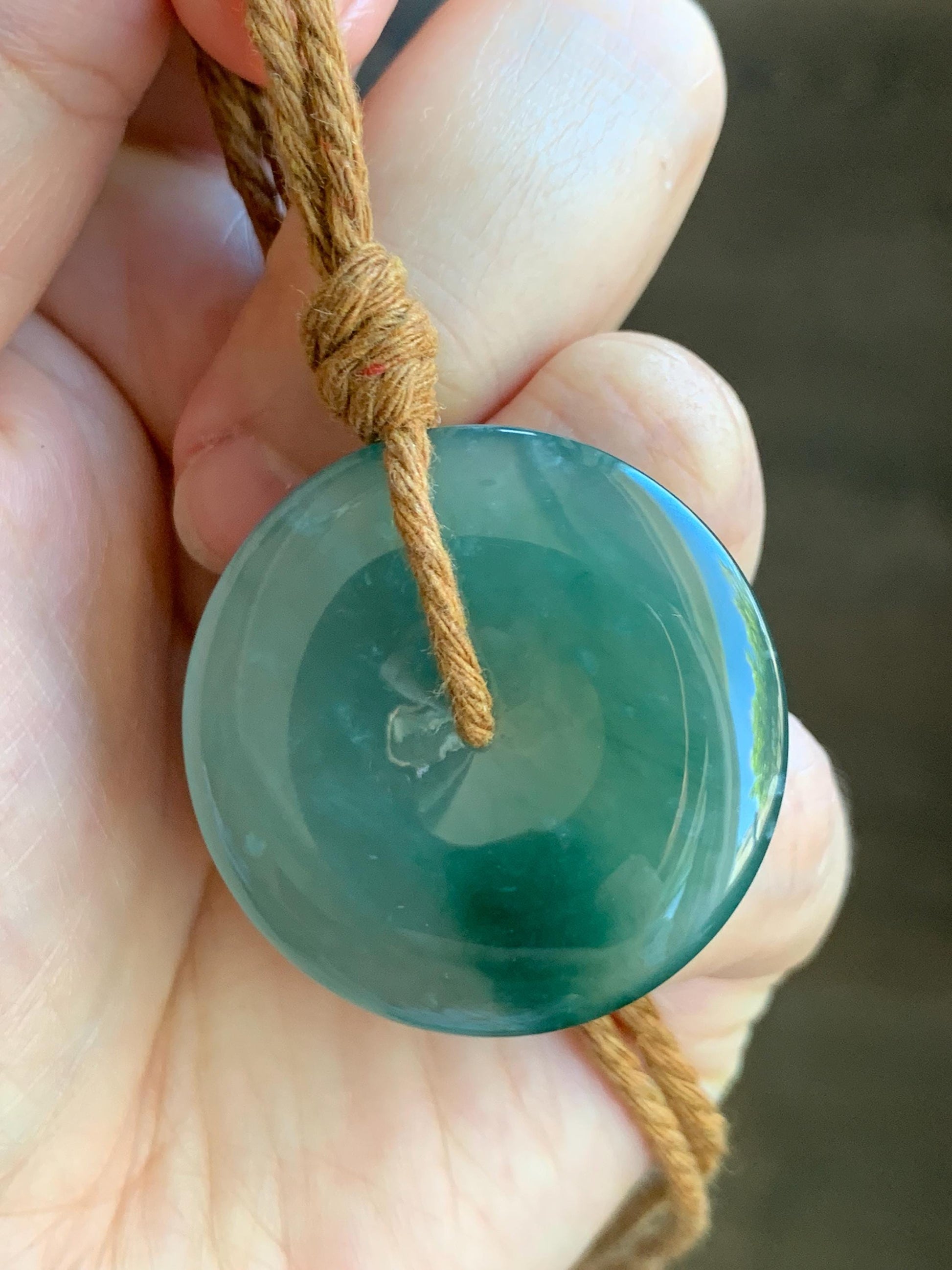 Certified Natural Grade A Guatemalan Icy Translucent Teal Green Jade Jadeite Ping An Kou Donut Pendant Rope Necklace 27” 天然冰胶危蓝绿翡翠平安扣吊坠 8739