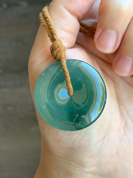Certified Natural Grade A Guatemalan Icy Translucent Teal Green Jade Jadeite Ping An Kou Donut Pendant Rope Necklace 27” 天然冰胶危蓝绿翡翠平安扣吊坠 8739