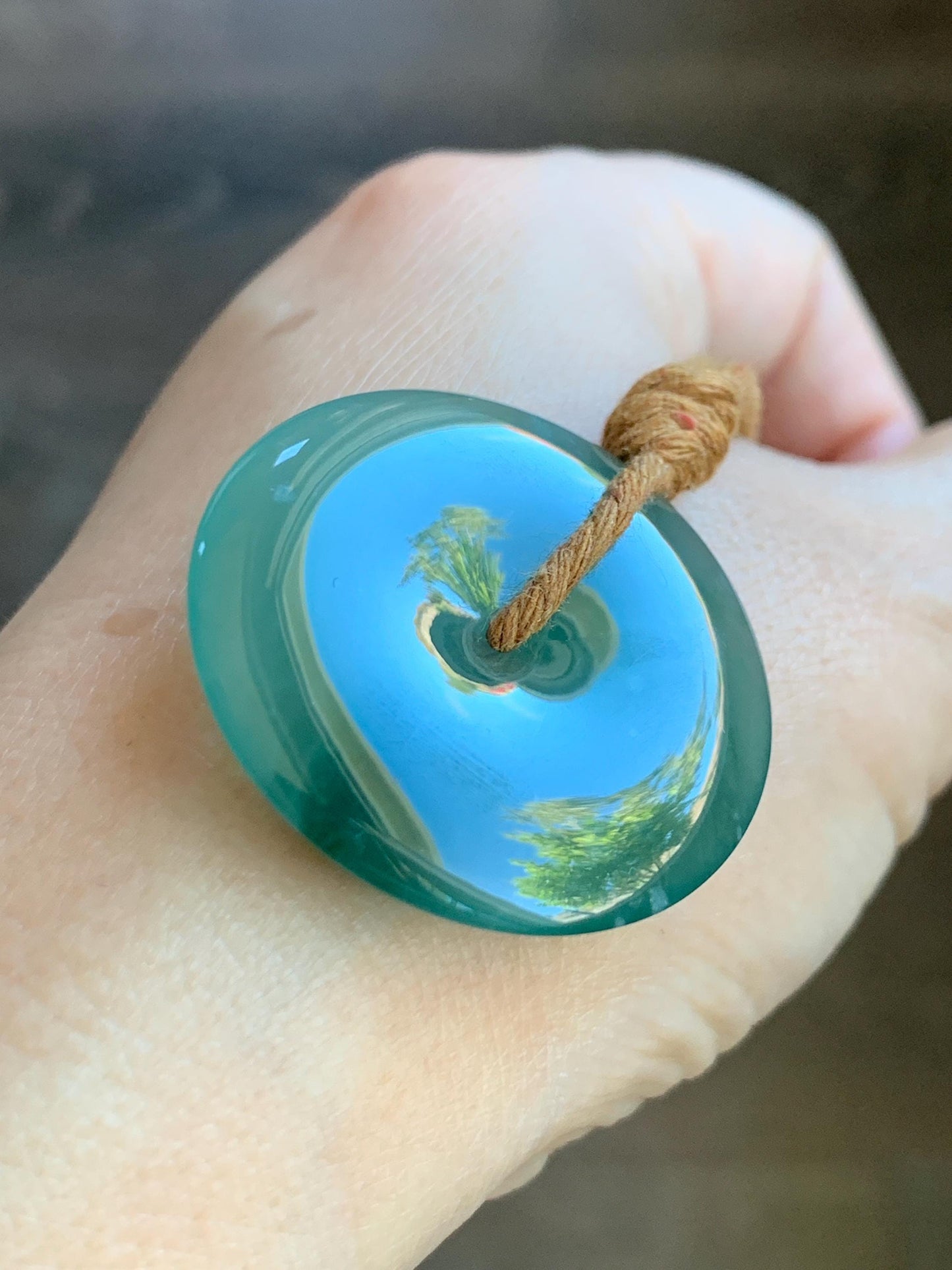 Certified Natural Grade A Guatemalan Icy Translucent Teal Green Jade Jadeite Ping An Kou Donut Pendant Rope Necklace 27” 天然冰胶危蓝绿翡翠平安扣吊坠 8739