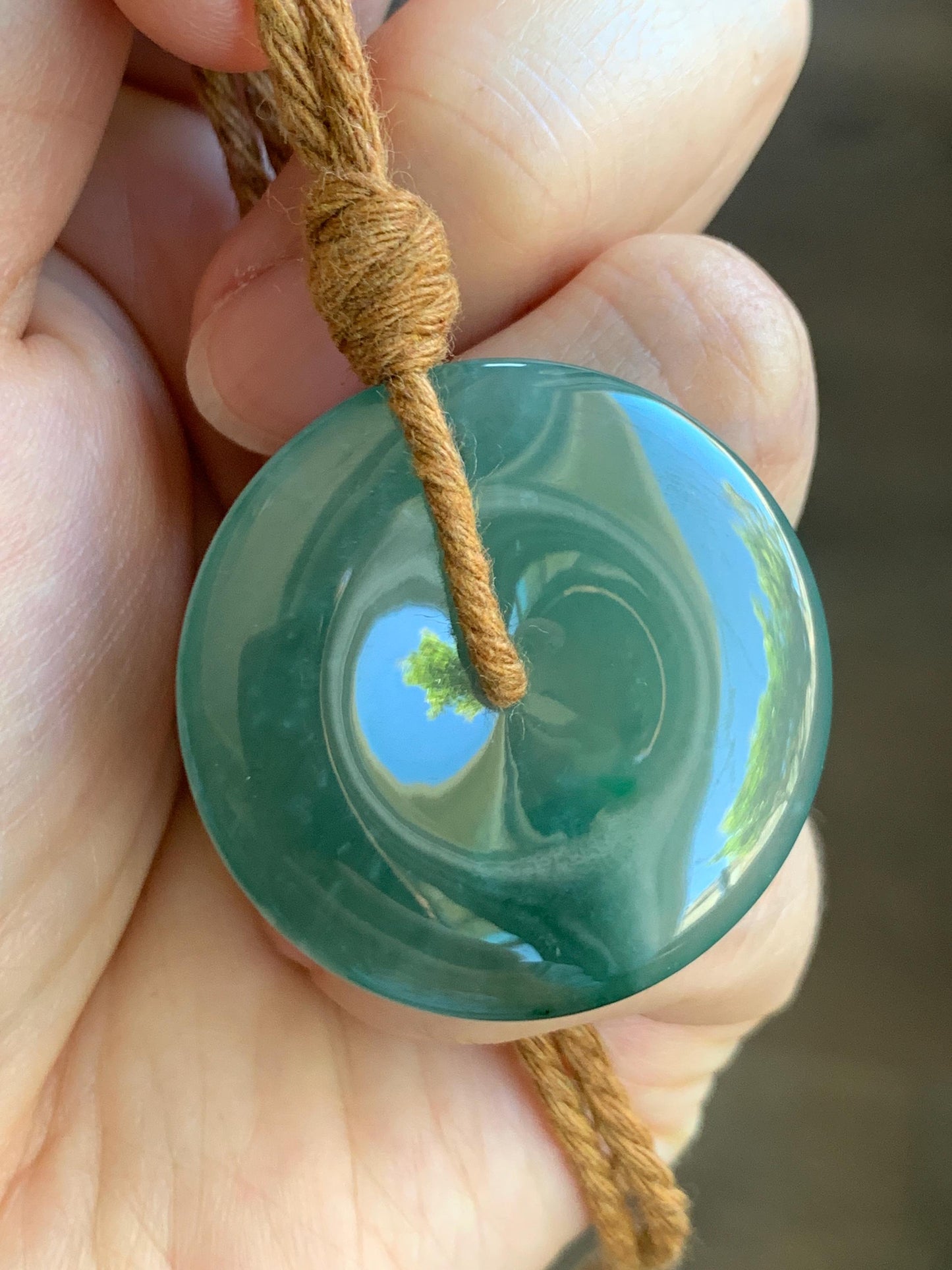 Certified Natural Grade A Guatemalan Icy Translucent Teal Green Jade Jadeite Ping An Kou Donut Pendant Rope Necklace 27” 天然冰胶危蓝绿翡翠平安扣吊坠 8739