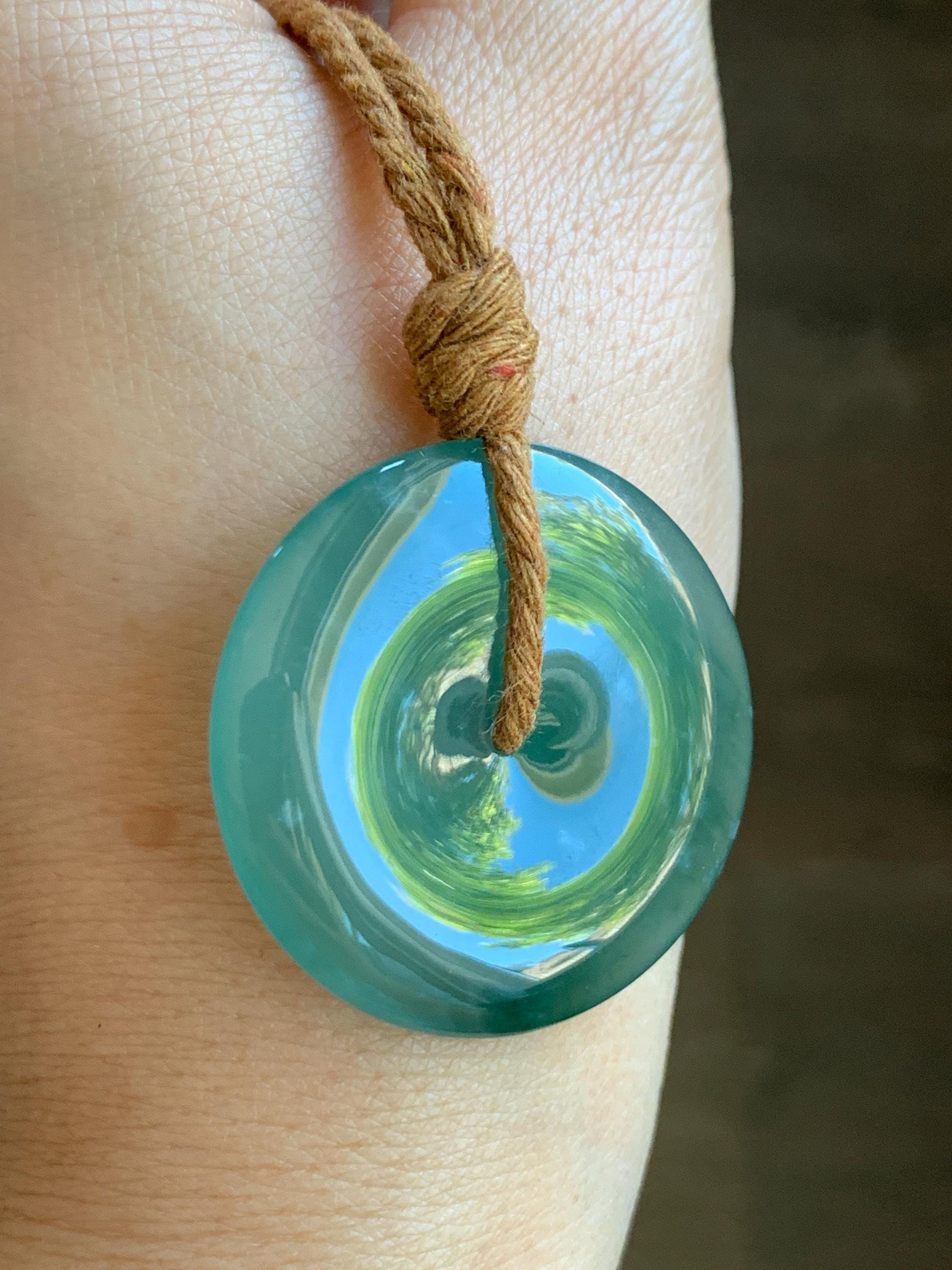 Certified Natural Grade A Guatemalan Icy Translucent Teal Green Jade Jadeite Ping An Kou Donut Pendant Rope Necklace 27” 天然冰胶危蓝绿翡翠平安扣吊坠 8739