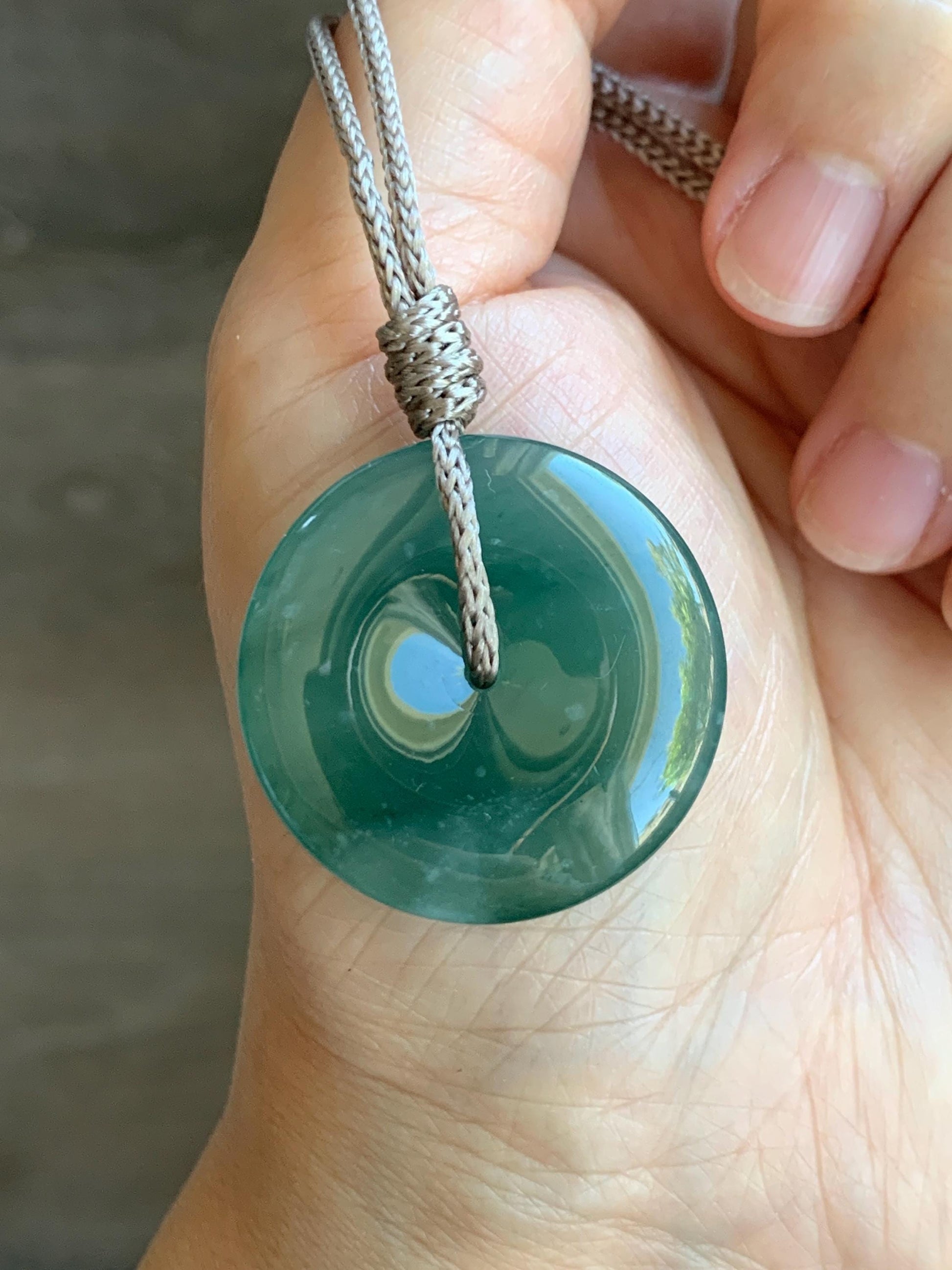 Certified Natural Grade A Guatemalan Icy Translucent Teal Green Jade Jadeite Ping An Kou Donut Pendant Rope Necklace 27” 天然冰胶危蓝绿翡翠平安扣吊坠 8740