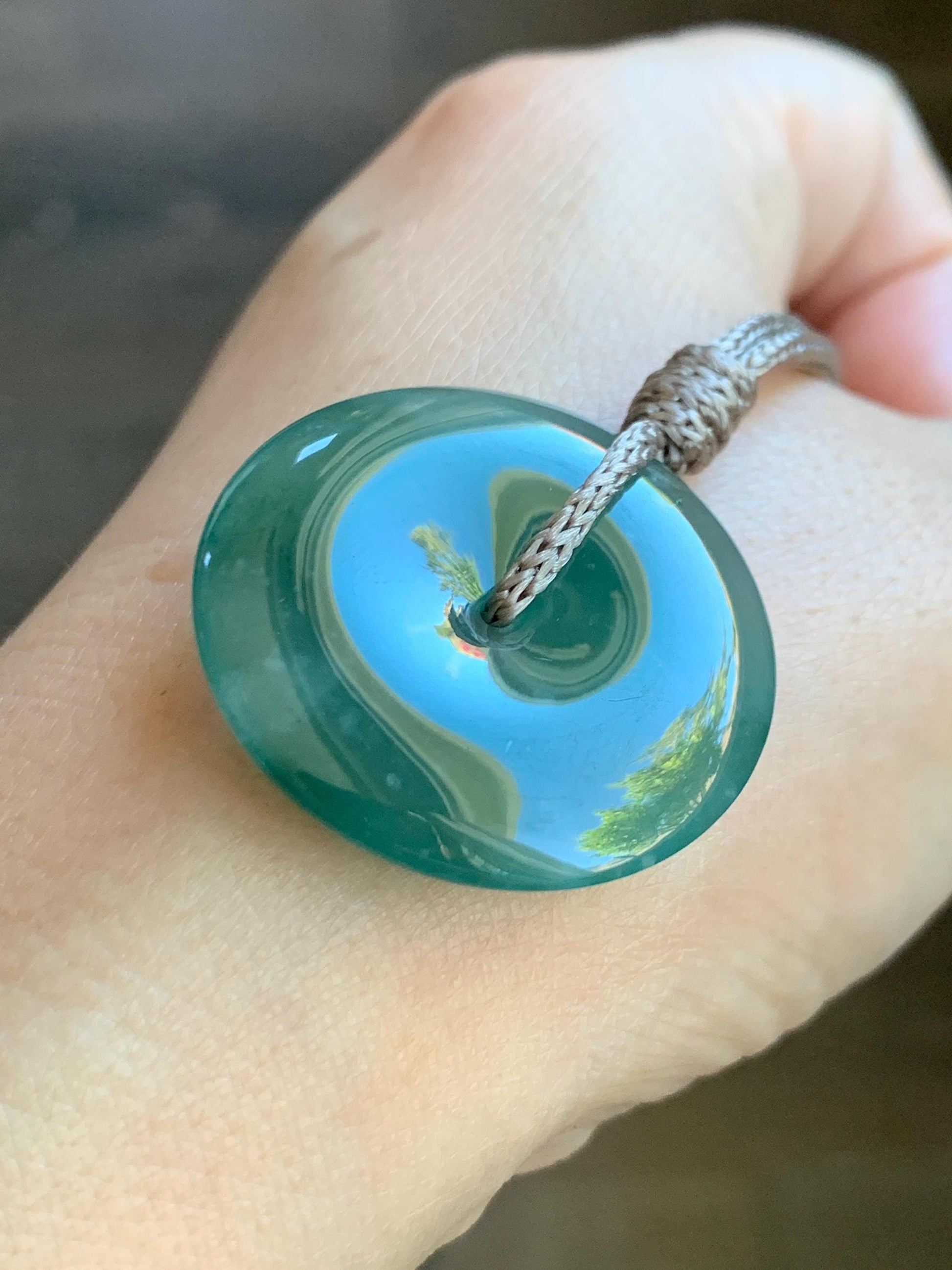 Certified Natural Grade A Guatemalan Icy Translucent Teal Green Jade Jadeite Ping An Kou Donut Pendant Rope Necklace 27” 天然冰胶危蓝绿翡翠平安扣吊坠 8740