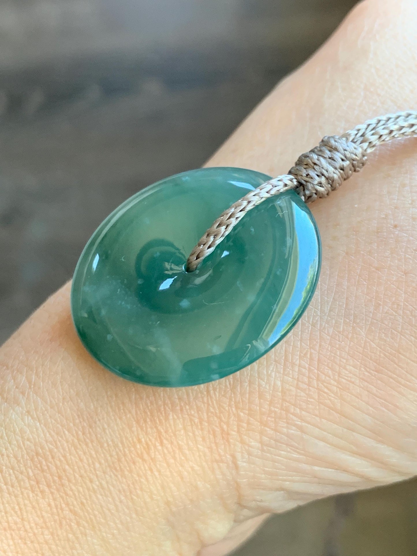 Certified Natural Grade A Guatemalan Icy Translucent Teal Green Jade Jadeite Ping An Kou Donut Pendant Rope Necklace 27” 天然冰胶危蓝绿翡翠平安扣吊坠 8740