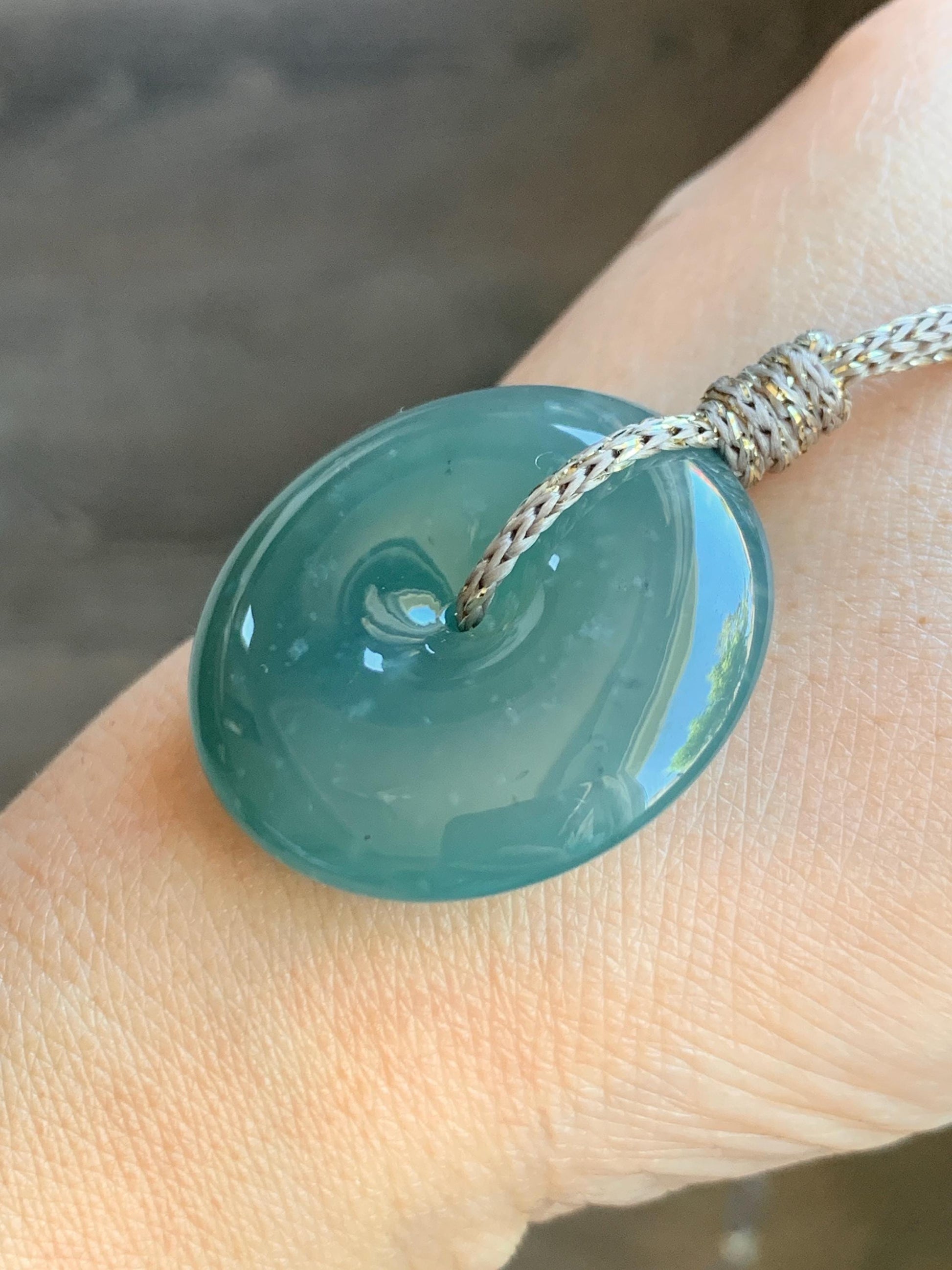 Certified Natural Grade A Guatemalan Icy Translucent Teal Green Jade Jadeite Ping An Kou Donut Pendant Rope Necklace 26” 天然冰胶危蓝绿翡翠平安扣吊坠 8741