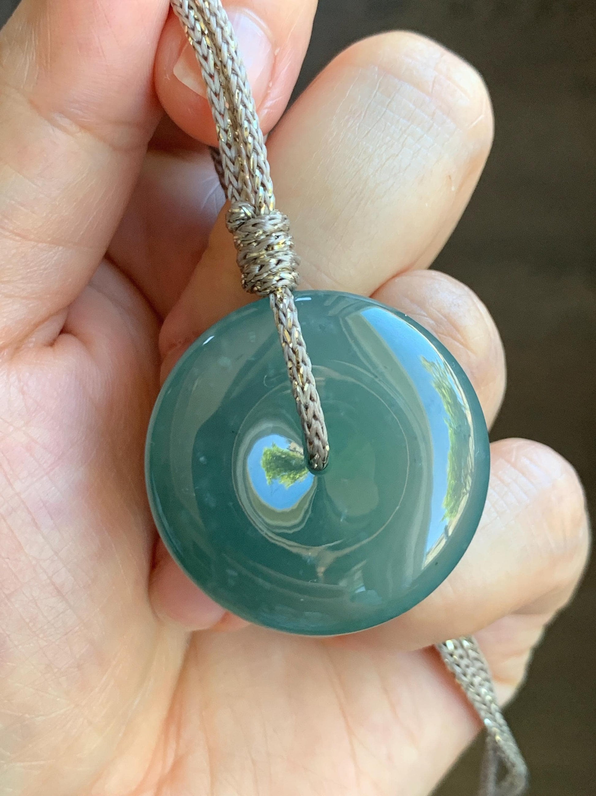 Certified Natural Grade A Guatemalan Icy Translucent Teal Green Jade Jadeite Ping An Kou Donut Pendant Rope Necklace 26” 天然冰胶危蓝绿翡翠平安扣吊坠 8741