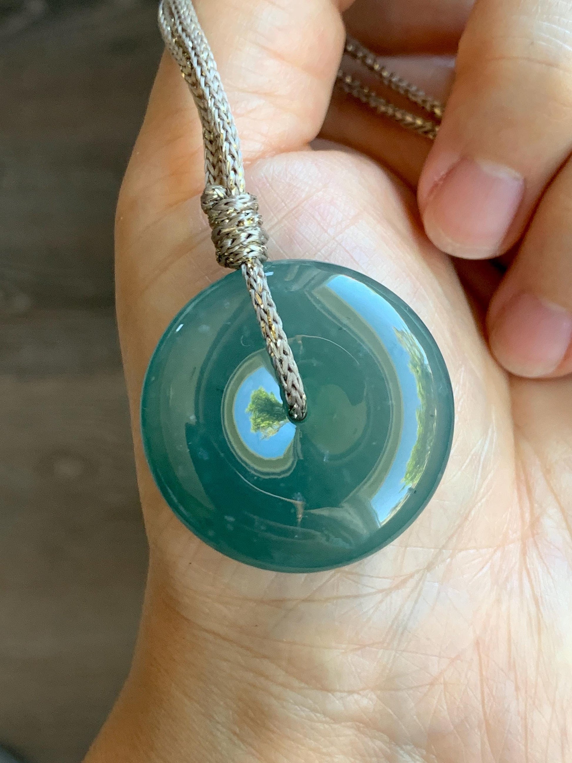 Certified Natural Grade A Guatemalan Icy Translucent Teal Green Jade Jadeite Ping An Kou Donut Pendant Rope Necklace 26” 天然冰胶危蓝绿翡翠平安扣吊坠 8741