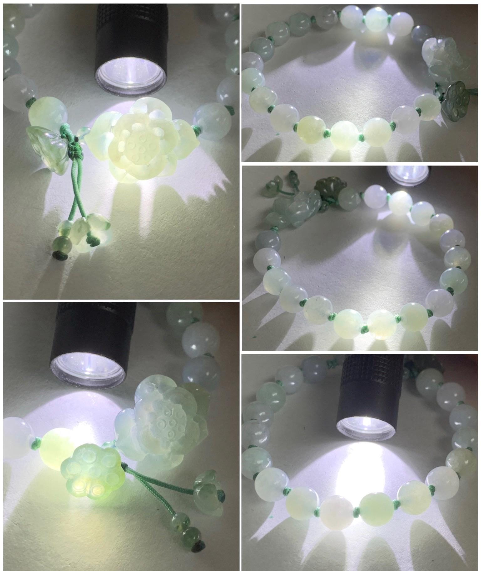 Natural Grade A Icy Translucent Gelatinous Pastel Green Jade Jadeite Lotus Flower Lotus Pod Beaded Bracelet 6.75" 天然冰胶淡晴蓝底翡翠莲花莲蓬手串 MLH370