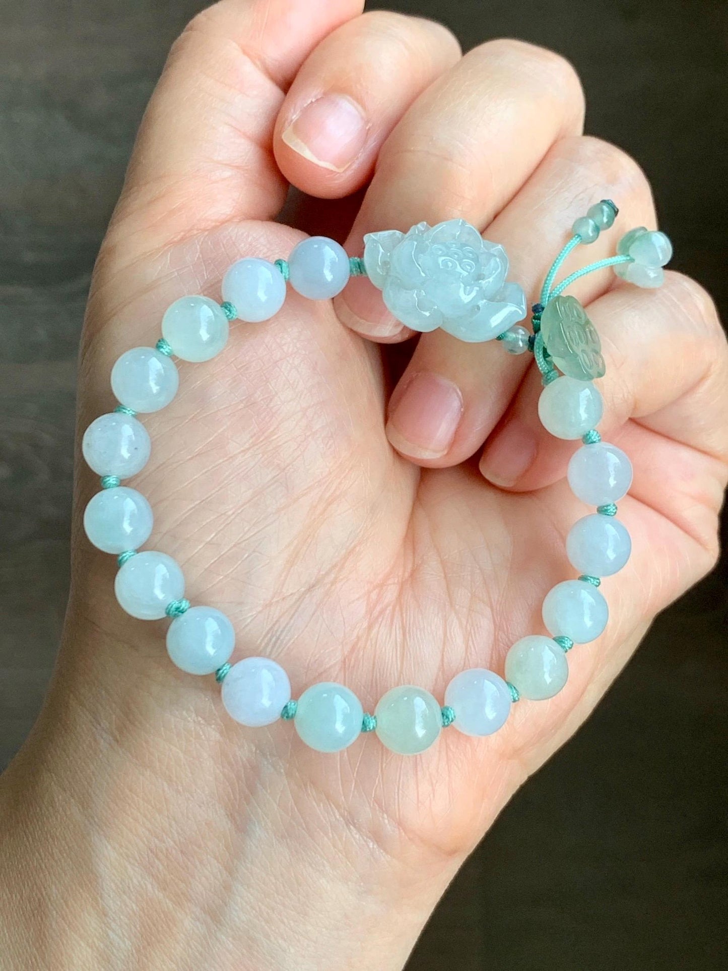 Natural Grade A Icy Translucent Gelatinous Pastel Green Jade Jadeite Lotus Flower Lotus Pod Beaded Bracelet 6.75" 天然冰胶淡晴蓝底翡翠莲花莲蓬手串 MLH370