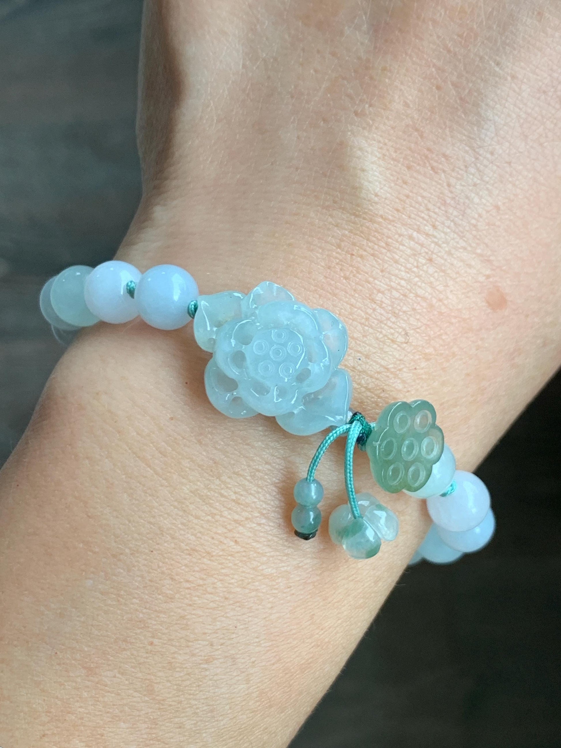 Natural Grade A Icy Translucent Gelatinous Pastel Green Jade Jadeite Lotus Flower Lotus Pod Beaded Bracelet 6.75" 天然冰胶淡晴蓝底翡翠莲花莲蓬手串 MLH370