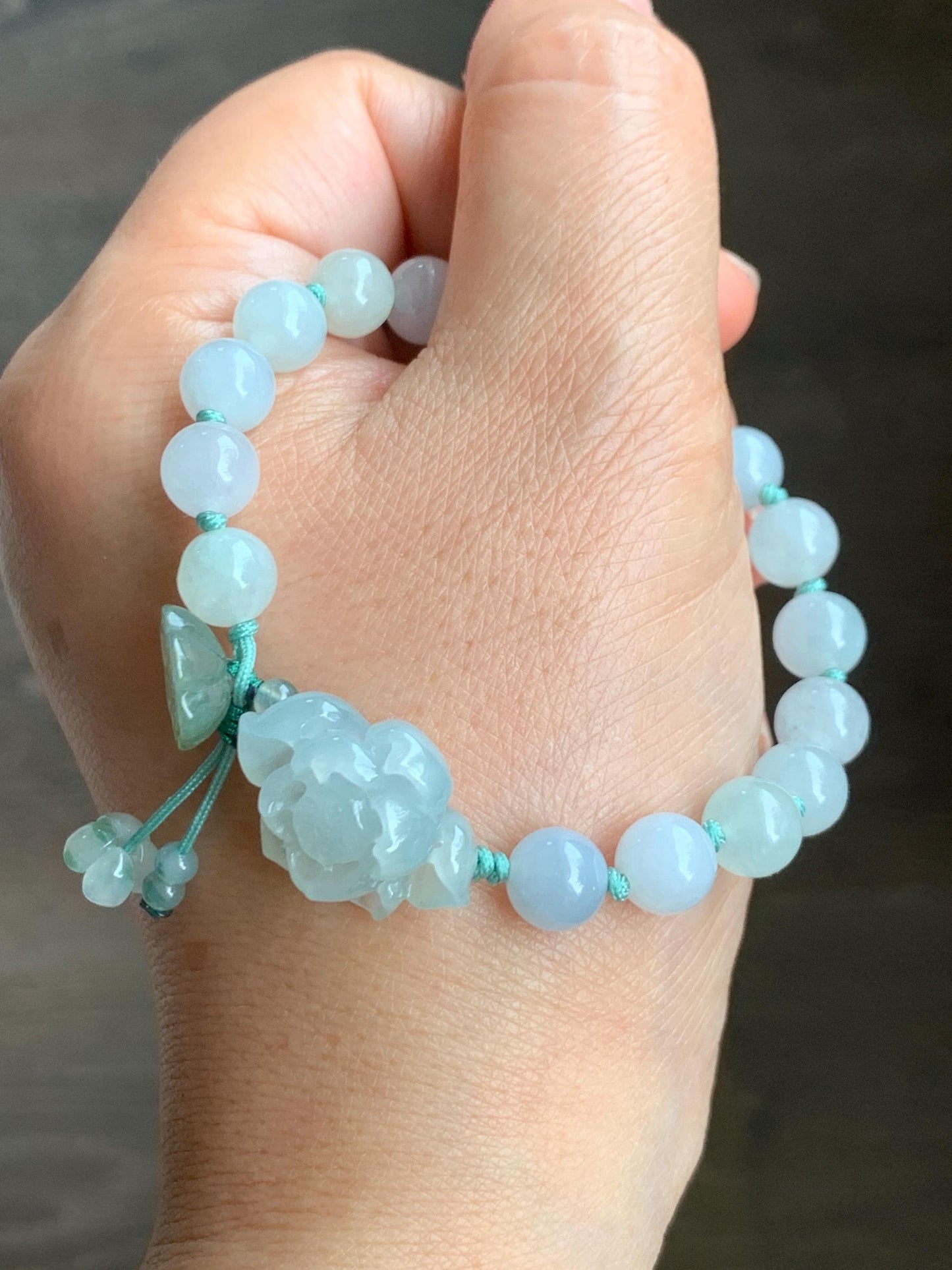 Natural Grade A Icy Translucent Gelatinous Pastel Green Jade Jadeite Lotus Flower Lotus Pod Beaded Bracelet 6.75" 天然冰胶淡晴蓝底翡翠莲花莲蓬手串 MLH370