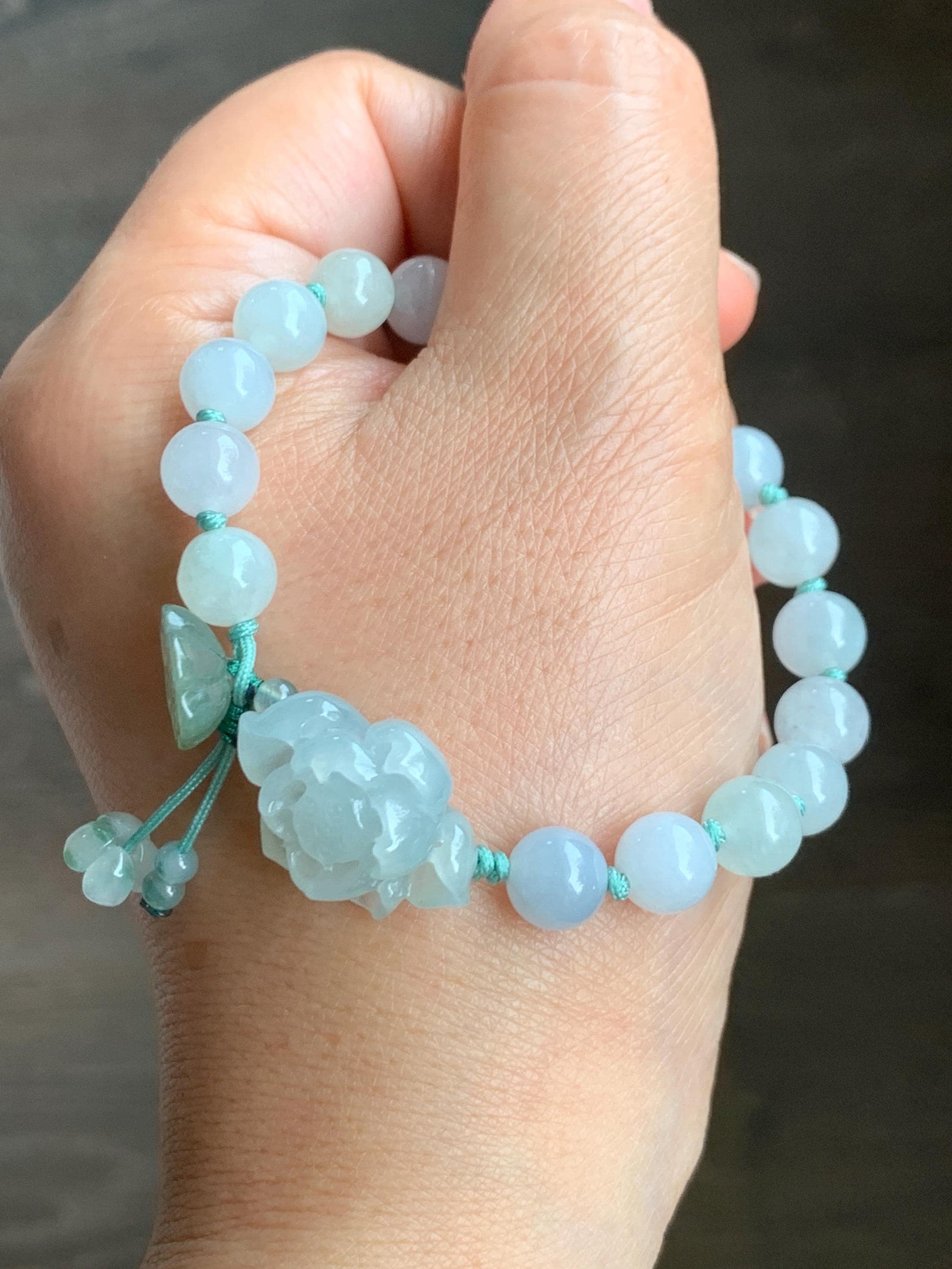 Natural Grade A Icy Translucent Gelatinous Pastel Green Jade Jadeite Lotus Flower Lotus Pod Beaded Bracelet 6.75" 天然冰胶淡晴蓝底翡翠莲花莲蓬手串 MLH370