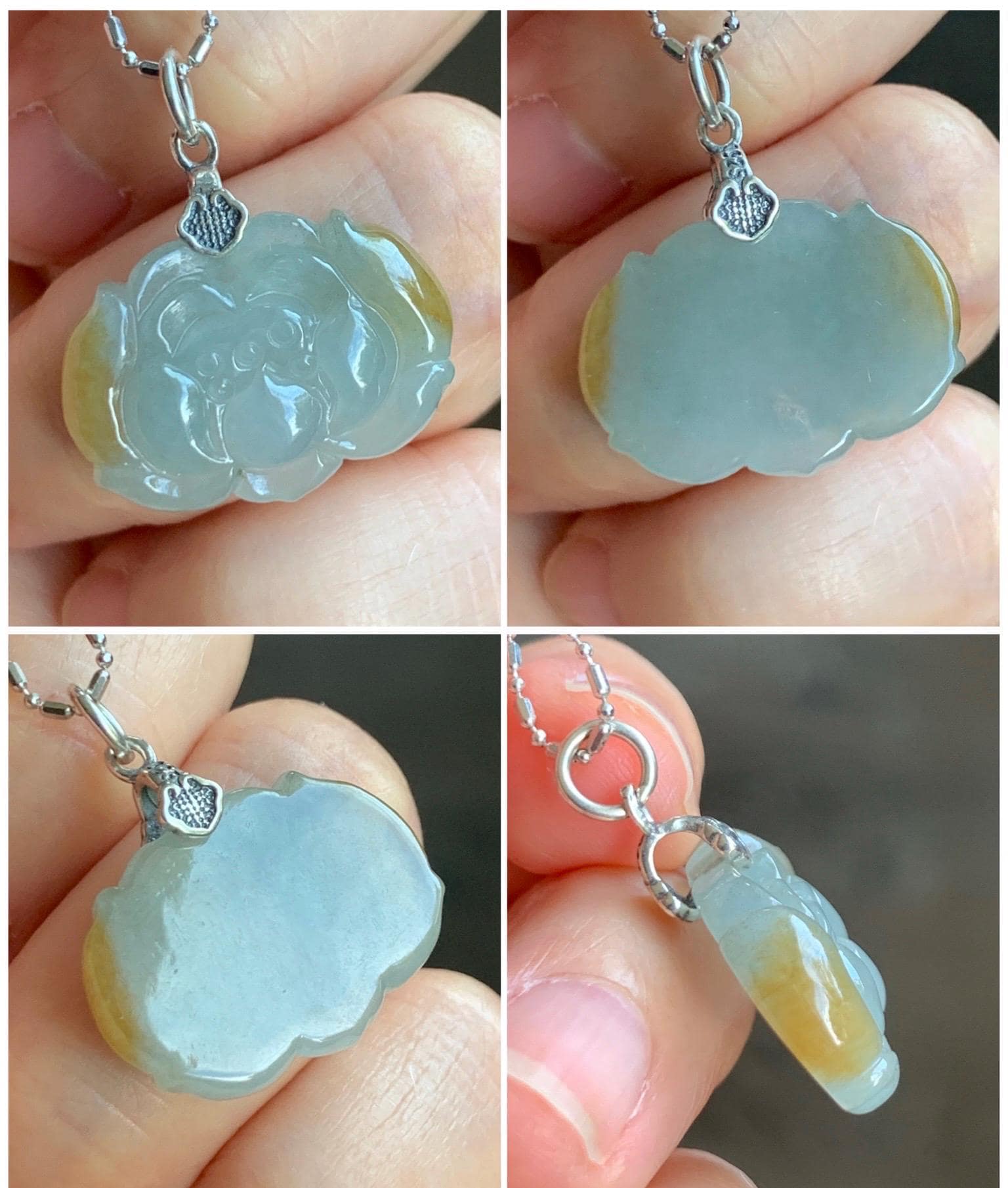 Natural Grade A Icy Translucent Yellow Marbled Jade Jadeite Carved Lotus Flower Pendant Sterling Silver 5g 天然冰胶淡蓝底飘黄翡翠莲花吊坠 MPH80