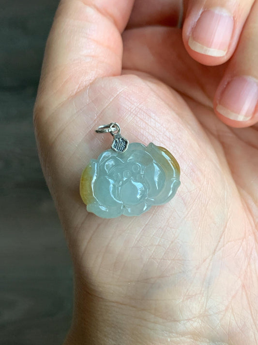 Natural Grade A Icy Translucent Yellow Marbled Jade Jadeite Carved Lotus Flower Pendant Sterling Silver 5g 天然冰胶淡蓝底飘黄翡翠莲花吊坠 MPH80
