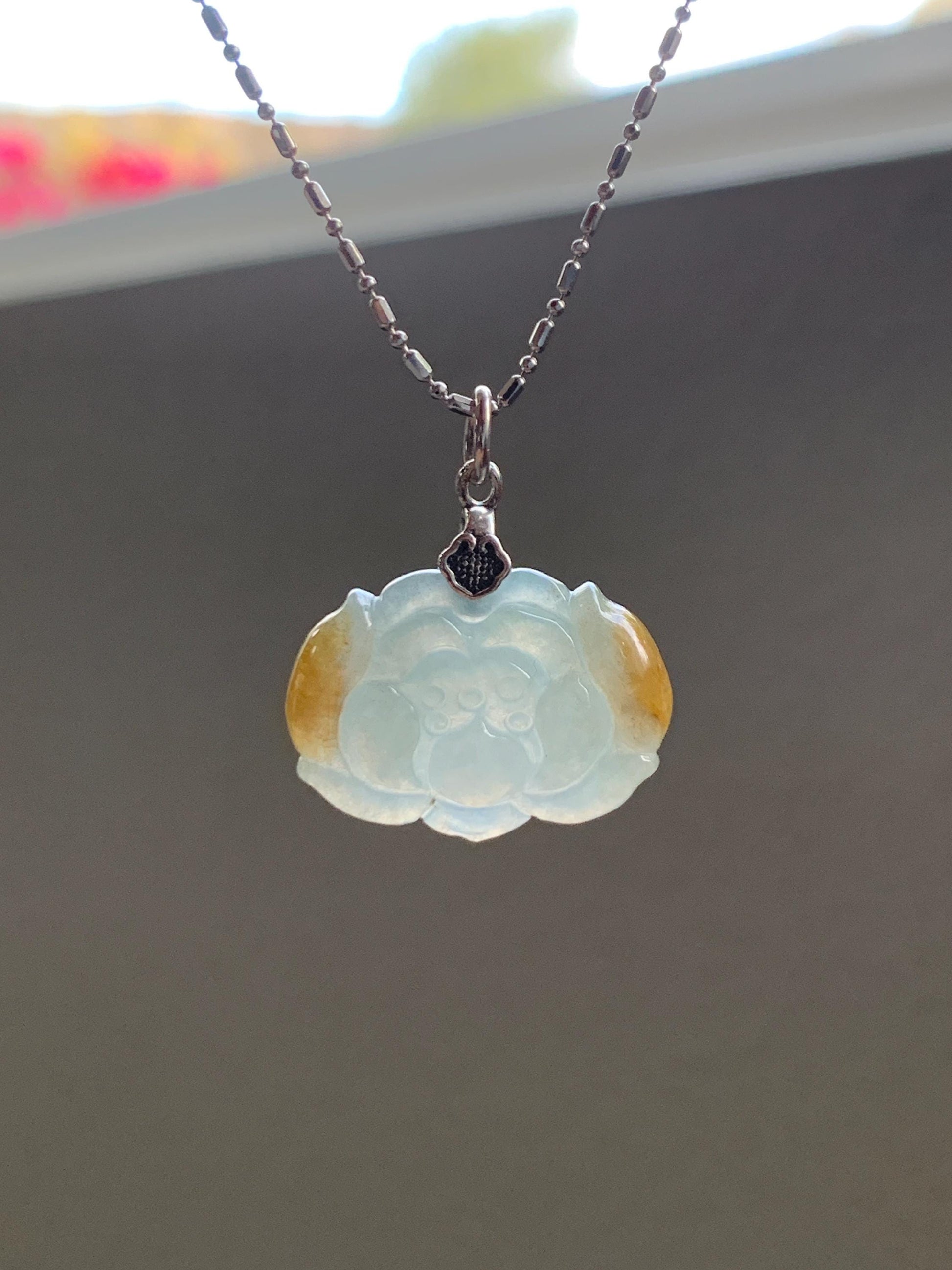 Natural Grade A Icy Translucent Yellow Marbled Jade Jadeite Carved Lotus Flower Pendant Sterling Silver 5g 天然冰胶淡蓝底飘黄翡翠莲花吊坠 MPH80