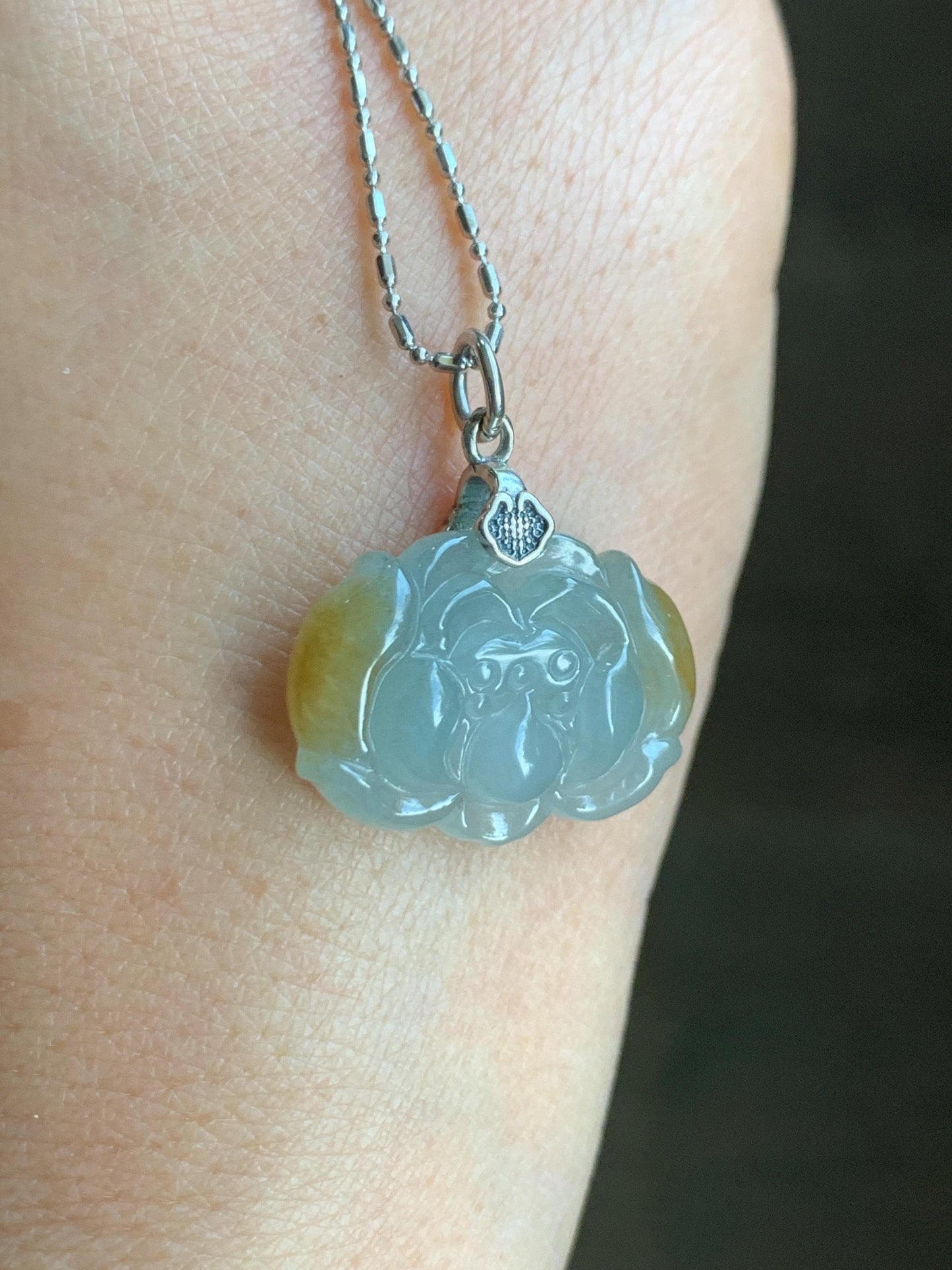 Natural Grade A Icy Translucent Yellow Marbled Jade Jadeite Carved Lotus Flower Pendant Sterling Silver 5g 天然冰胶淡蓝底飘黄翡翠莲花吊坠 MPH80