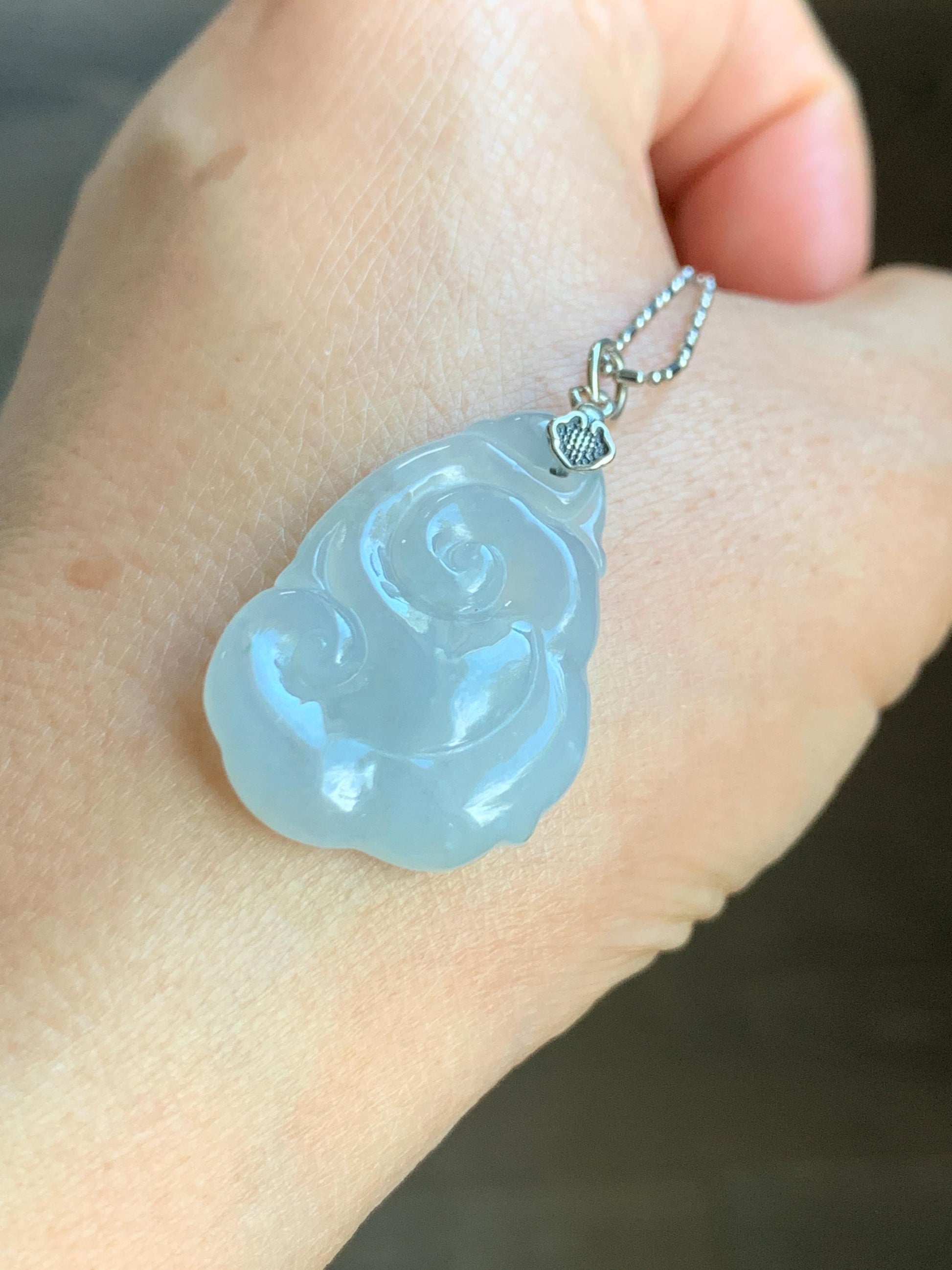Natural Grade A Icy Translucent Gelatinous Pastel Blue Jade Jadeite Carved Ruyi Pendant Sterling Silver 5g 天然冰胶蓝底翡翠如意吊坠 MDLR88