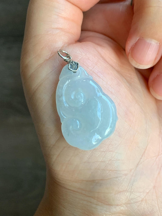Natural Grade A Icy Translucent Gelatinous Pastel Blue Jade Jadeite Carved Ruyi Pendant Sterling Silver 5g 天然冰胶蓝底翡翠如意吊坠 MDLR88