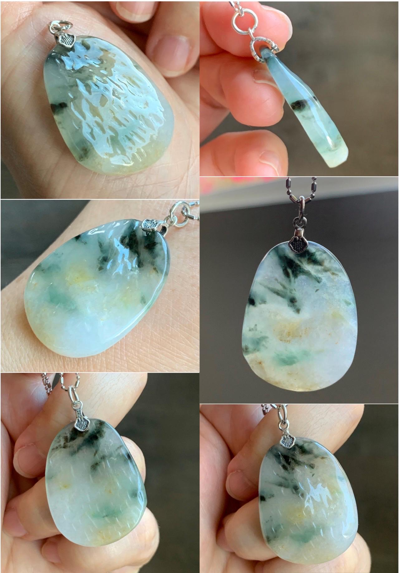Natural Grade A Icy Highly Translucent Gelatinous Multicolored Jade Jadeite Nugget Pendant Sterling Silver 9g 天然冰三彩翡翠原石吊坠 MYS188B