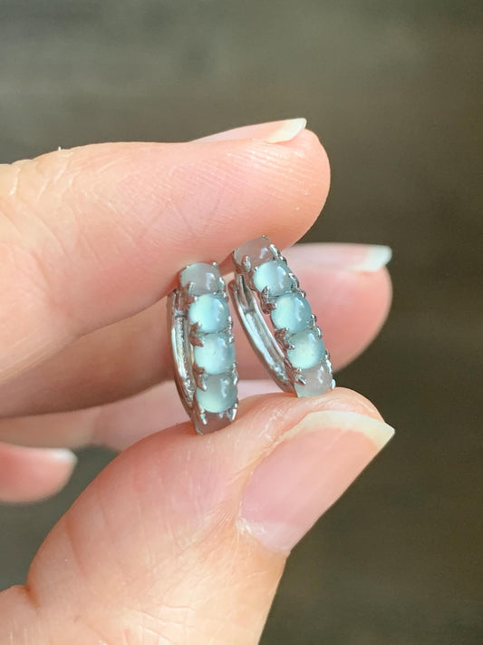 Natural Guatemalan Grade A Icy Highly Translucent Light Blue Jadeite Hoop Huggie Earrings Sterling Silver 天然冰危淡蓝起光翡翠银镶耳包 LEB160