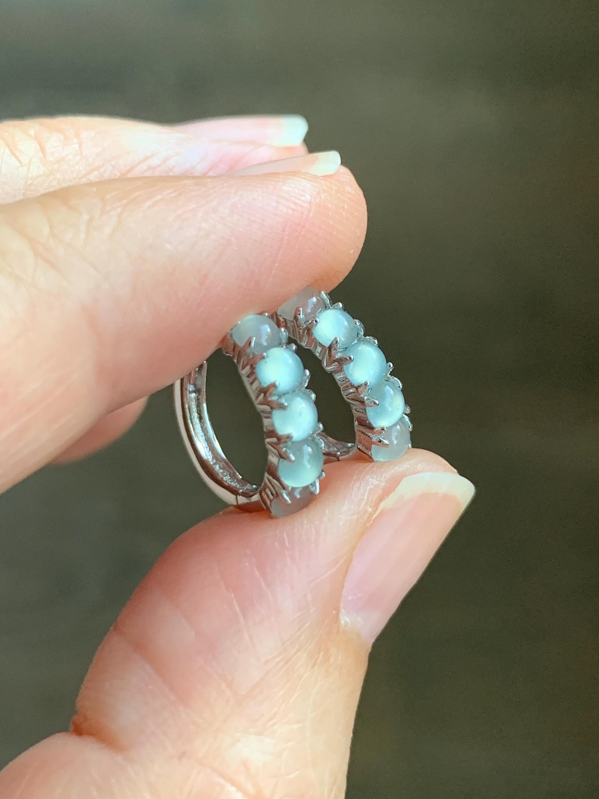 Natural Guatemalan Grade A Icy Highly Translucent Light Blue Jadeite Hoop Huggie Earrings Sterling Silver 天然冰危淡蓝起光翡翠银镶耳包 LEB160