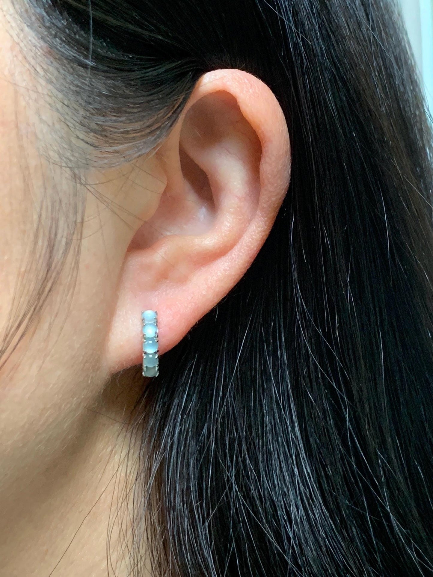 Natural Guatemalan Grade A Icy Highly Translucent Light Blue Jadeite Hoop Huggie Earrings Sterling Silver 天然冰危淡蓝起光翡翠银镶耳包 LEB160