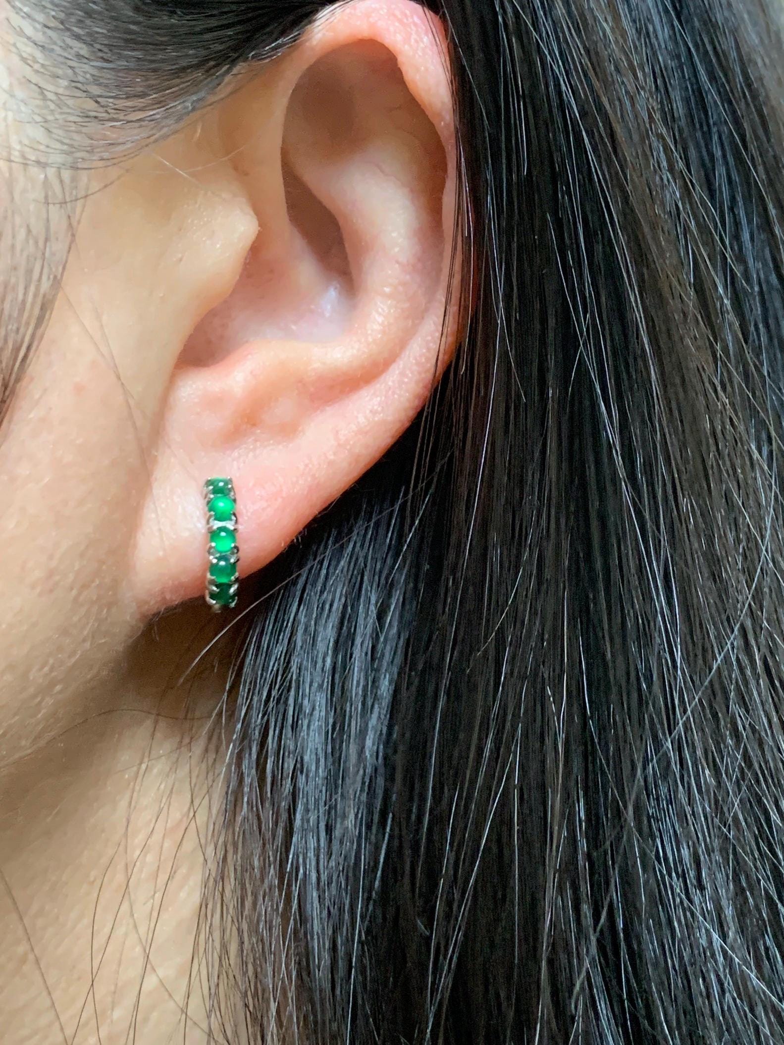 Natural Guatemalan Grade A Icy Highly Translucent Vibrant Green Jade Jadeite Hoop Huggie Earrings Sterling Silver 天然冰危绿起光翡翠银镶耳包 LEB180