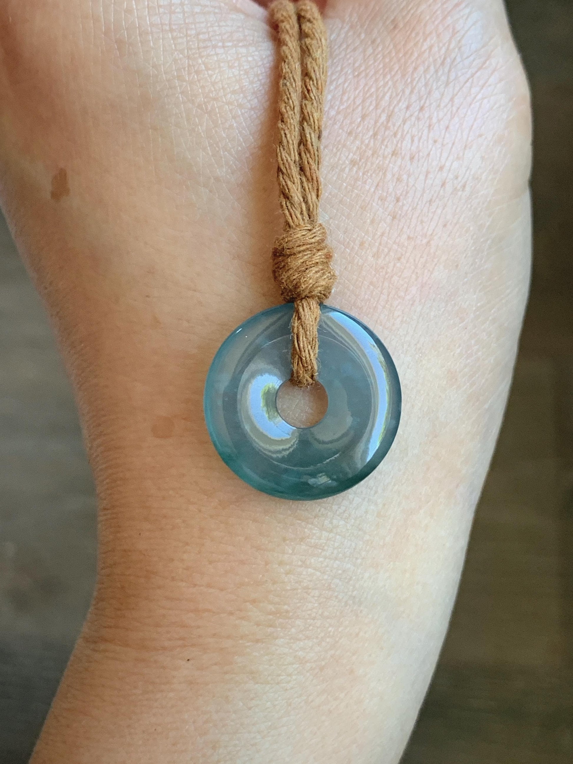 Natural Guatemalan Icy Translucent Dark Teal Blue Jade Jadeite Ping An Kou Donut Petite Pendant Rope Necklace 26” 天然冰危蓝绿翡翠平安扣吊坠 WXK55B