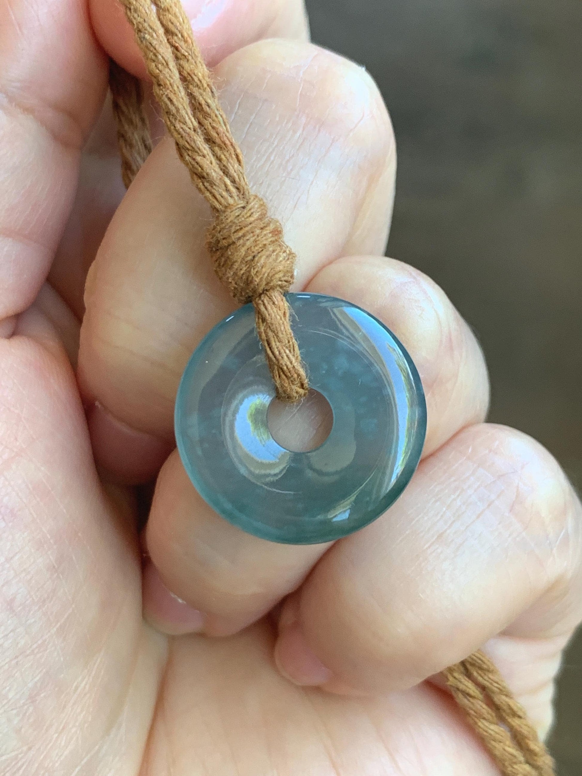 Natural Guatemalan Icy Translucent Dark Teal Blue Jade Jadeite Ping An Kou Donut Petite Pendant Rope Necklace 26” 天然冰危蓝绿翡翠平安扣吊坠 WXK55B