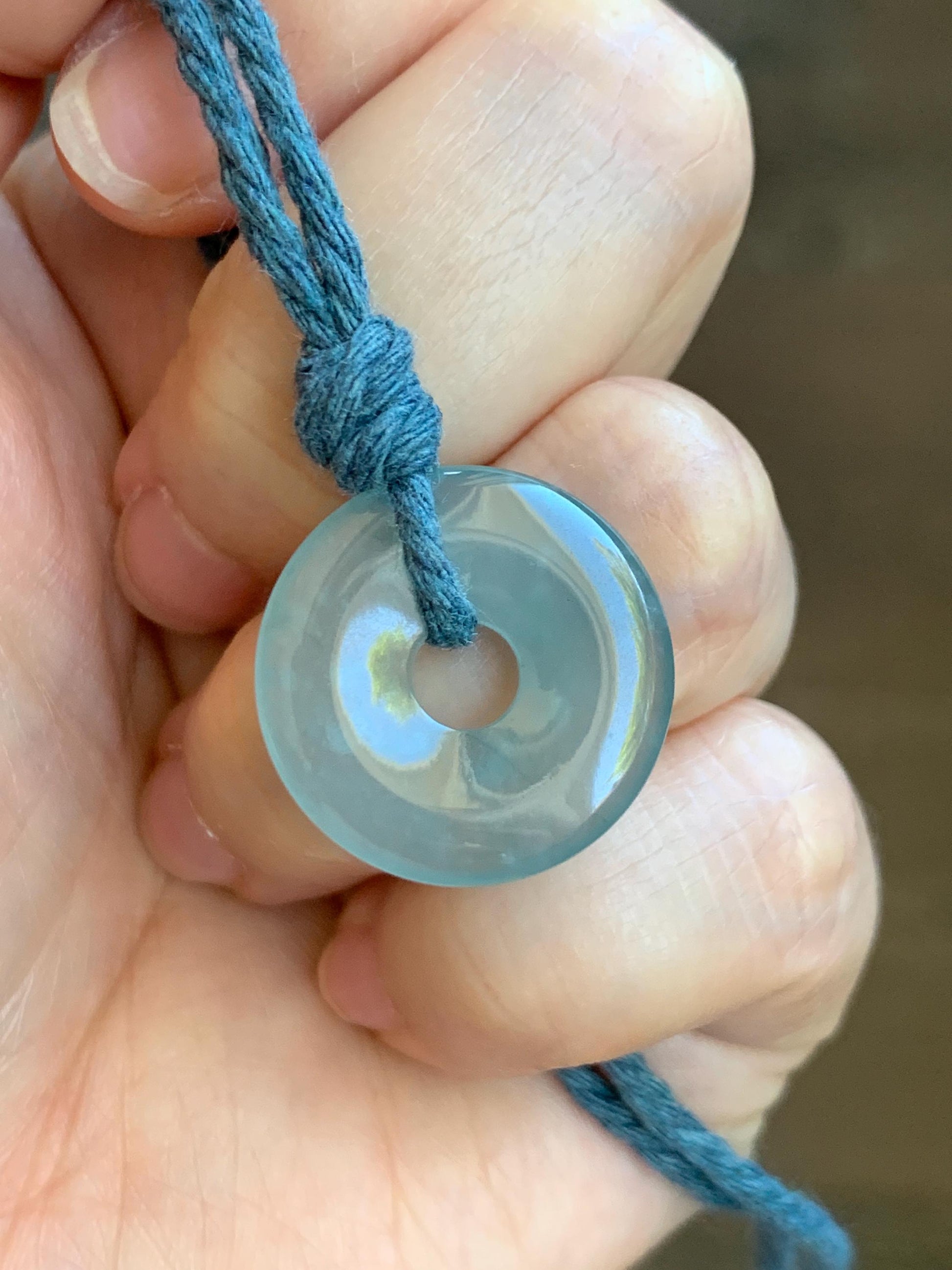 Natural Guatemalan Icy Translucent Light Teal Blue Jade Jadeite Ping An Kou Donut Petite Pendant Rope Necklace 26” 天然冰危浅蓝翡翠平安扣吊坠 WXK55N