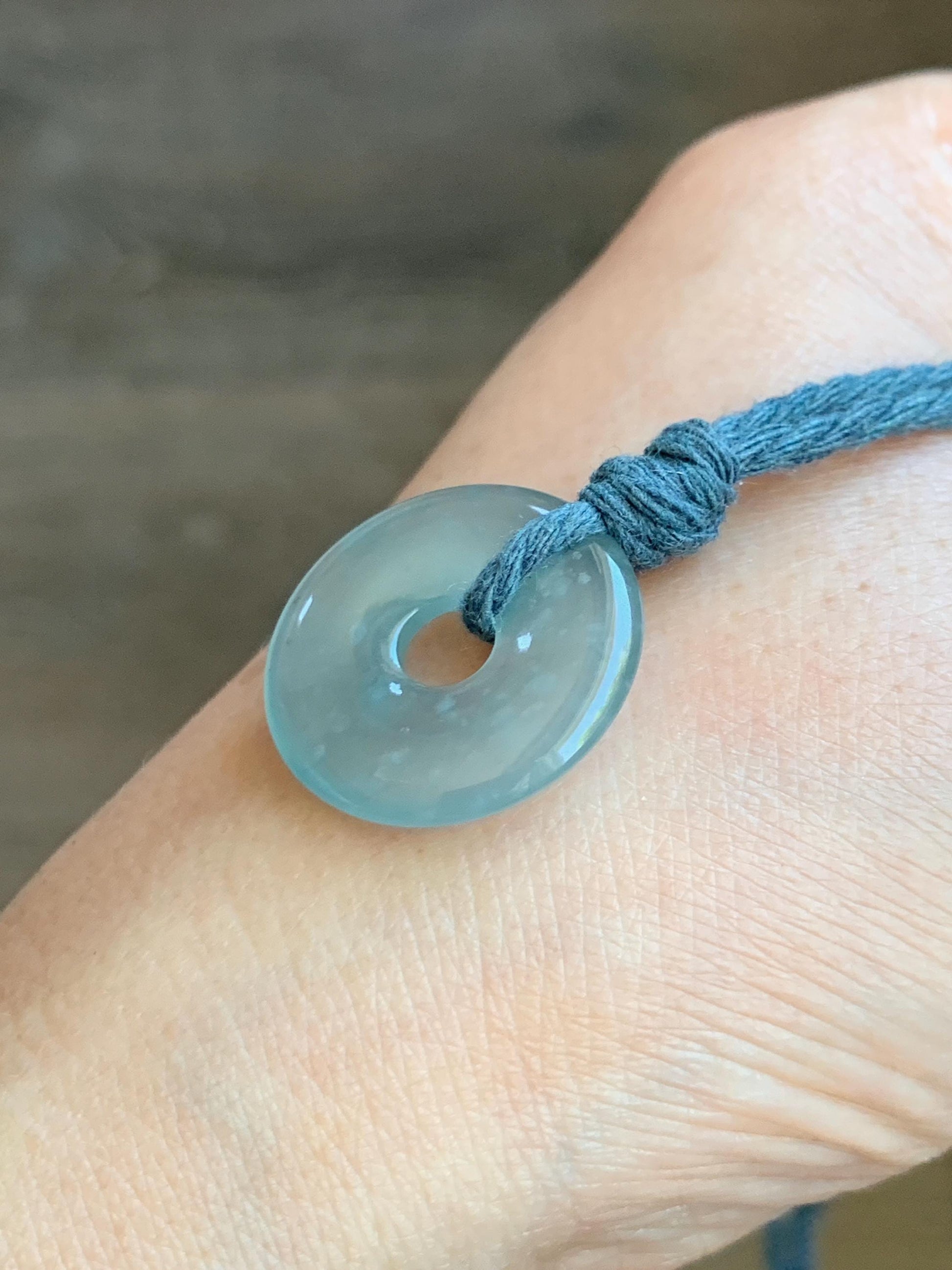 Natural Guatemalan Icy Translucent Light Teal Blue Jade Jadeite Ping An Kou Donut Petite Pendant Rope Necklace 26” 天然冰危浅蓝翡翠平安扣吊坠 WXK55N