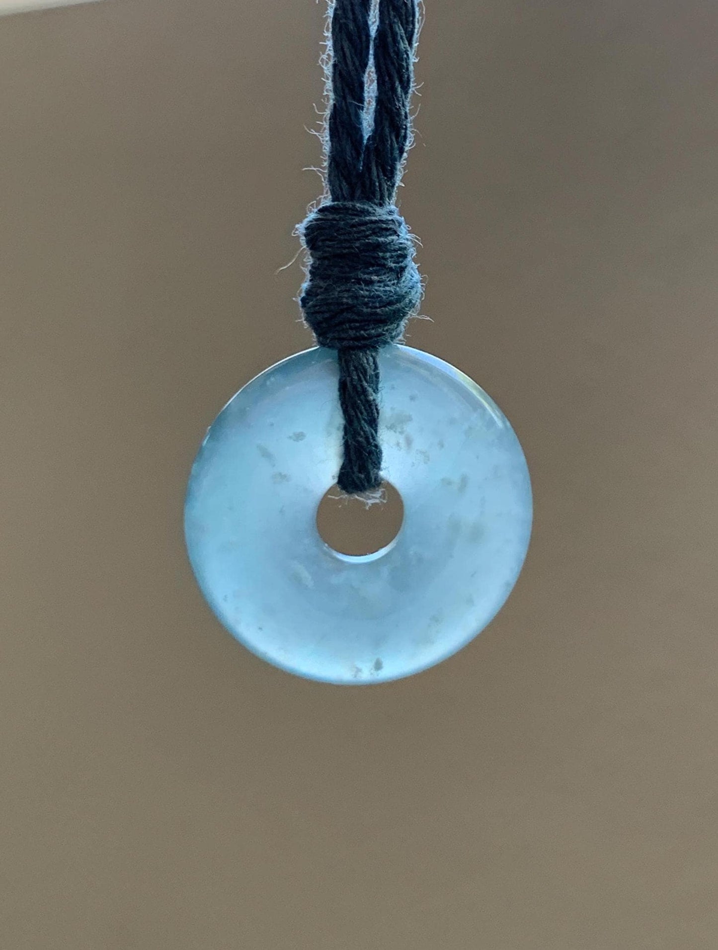 Natural Guatemalan Icy Translucent Light Teal Blue Jade Jadeite Ping An Kou Donut Petite Pendant Rope Necklace 26” 天然冰危浅蓝翡翠平安扣吊坠 WXK55N