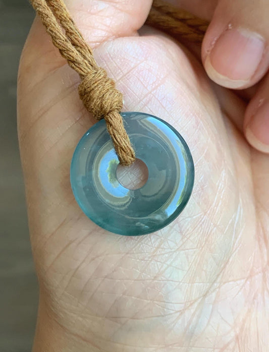 Natural Guatemalan Icy Translucent Dark Teal Blue Jade Jadeite Ping An Kou Donut Petite Pendant Rope Necklace 26” 天然冰危蓝绿翡翠平安扣吊坠 WXK55B