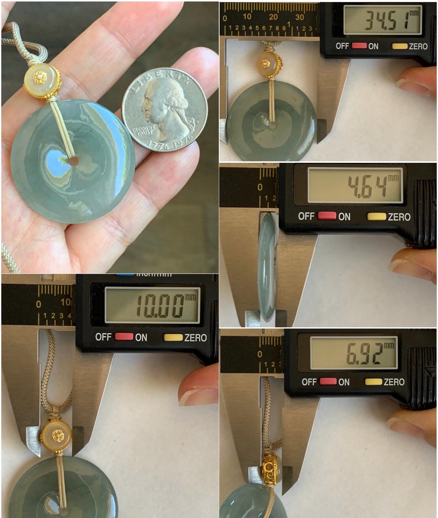 Natural Grade A Icy Translucent Dusty Green Wuji Jade Jadeite Large Ping An Kou Donut Pendant Rope Necklace 25" 天然冰胶老种淡绿乌鸡翡翠平安扣吊坠项链 MLW120A