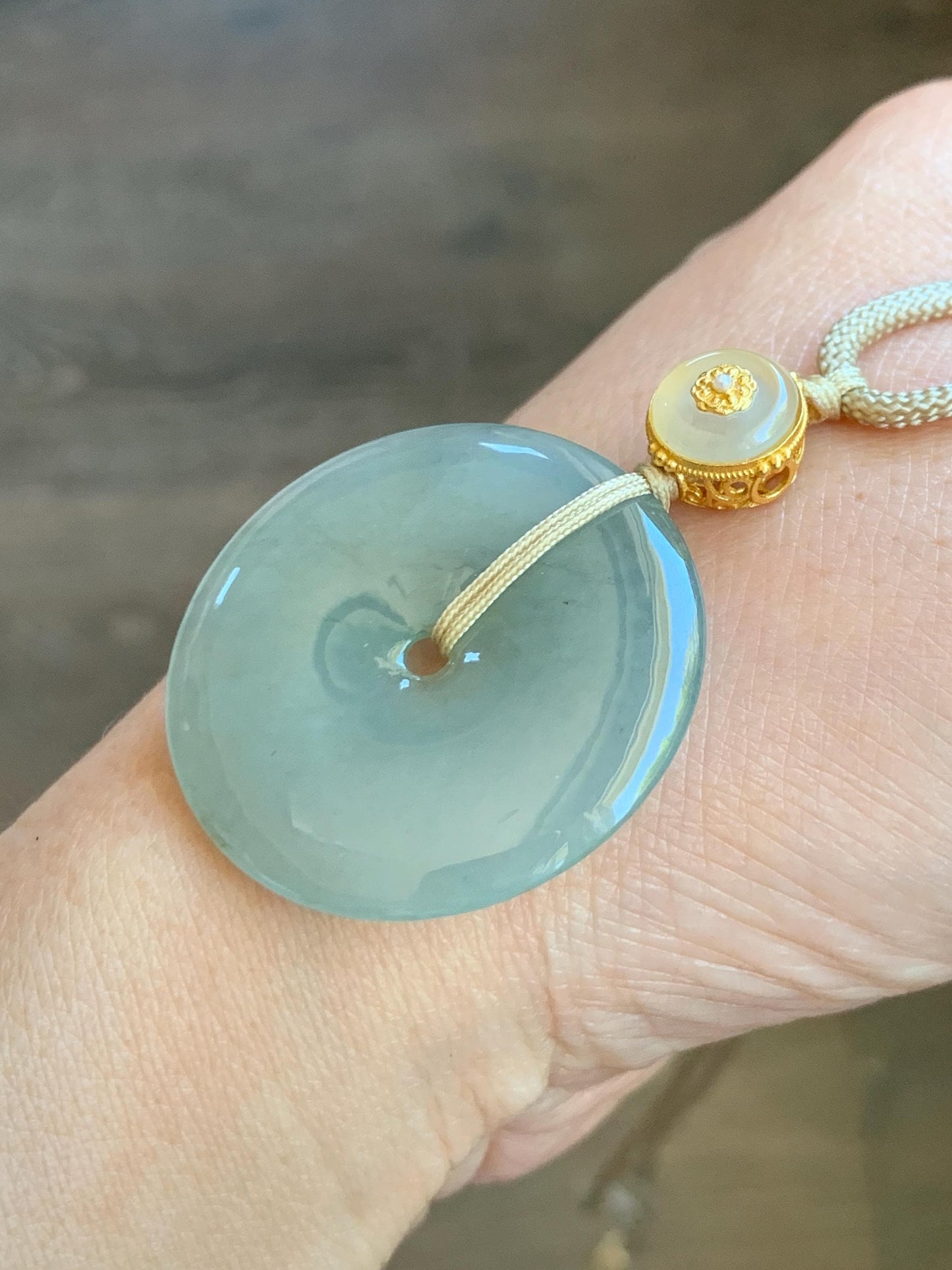 Natural Grade A Icy Translucent Dusty Green Wuji Jade Jadeite Large Ping An Kou Donut Pendant Rope Necklace 25" 天然冰胶老种淡绿乌鸡翡翠平安扣吊坠项链 MLW120A